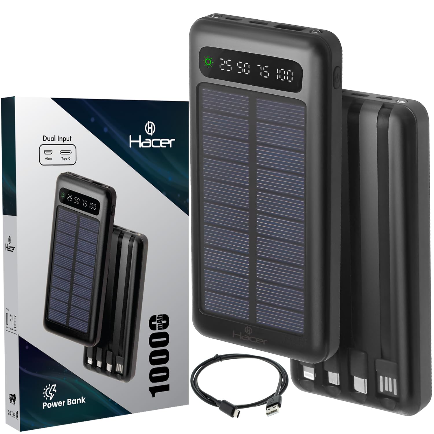HACER 10000mAh Camping Solar Power Bank Built-in COB Flashlight Portable Charging Device with LED Indicators 2 USB Output Ports USB-A to Micro-USB Cable for Hiking Trekking (Pack of 1, Black)-image-14