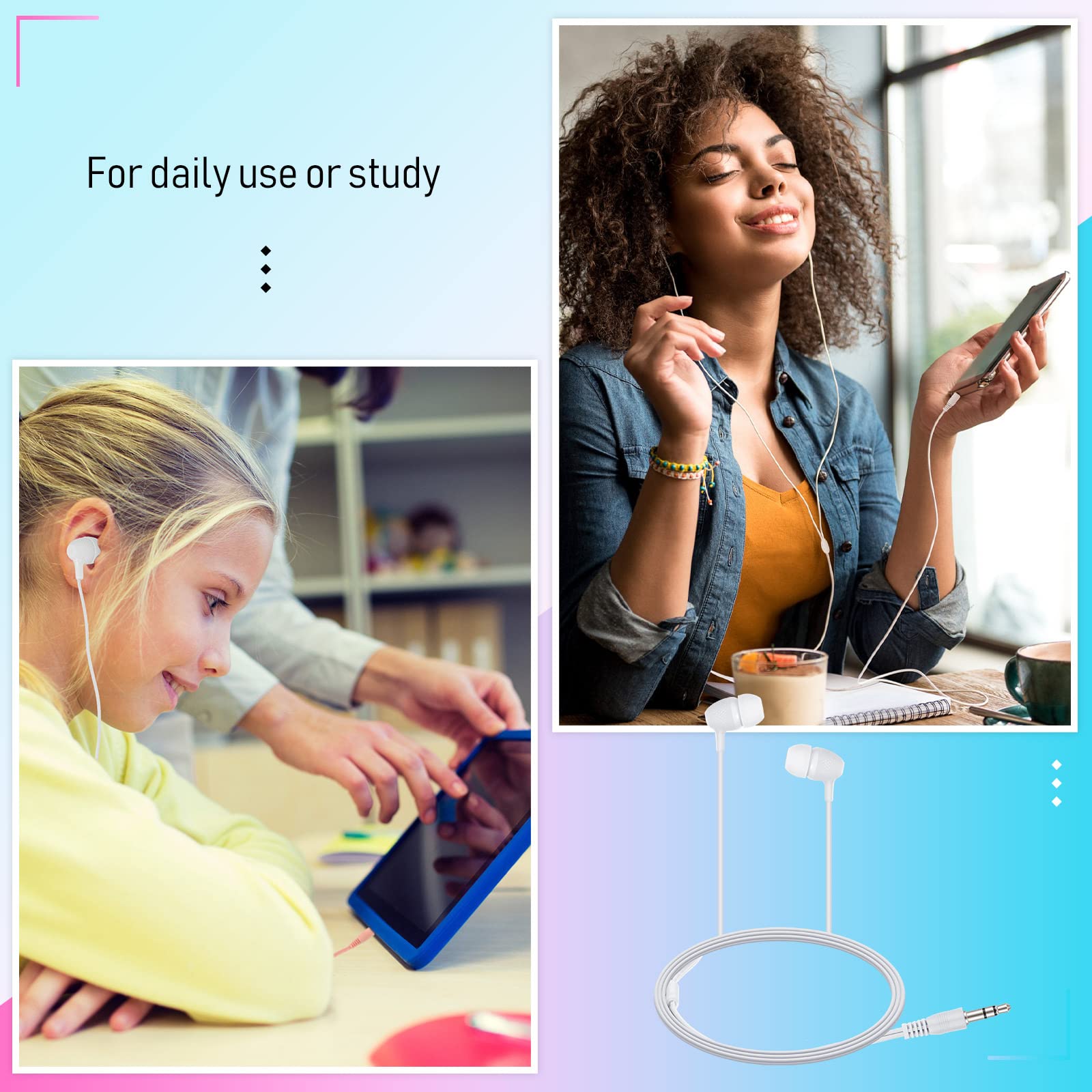 Macarrie Confezione da 200 auricolari per bambini, 3,5 mm, per studenti, colori assortiti, auricolari cablati senza microfono, per scuola, classe, studenti, confezionati singolarmente (bianco)