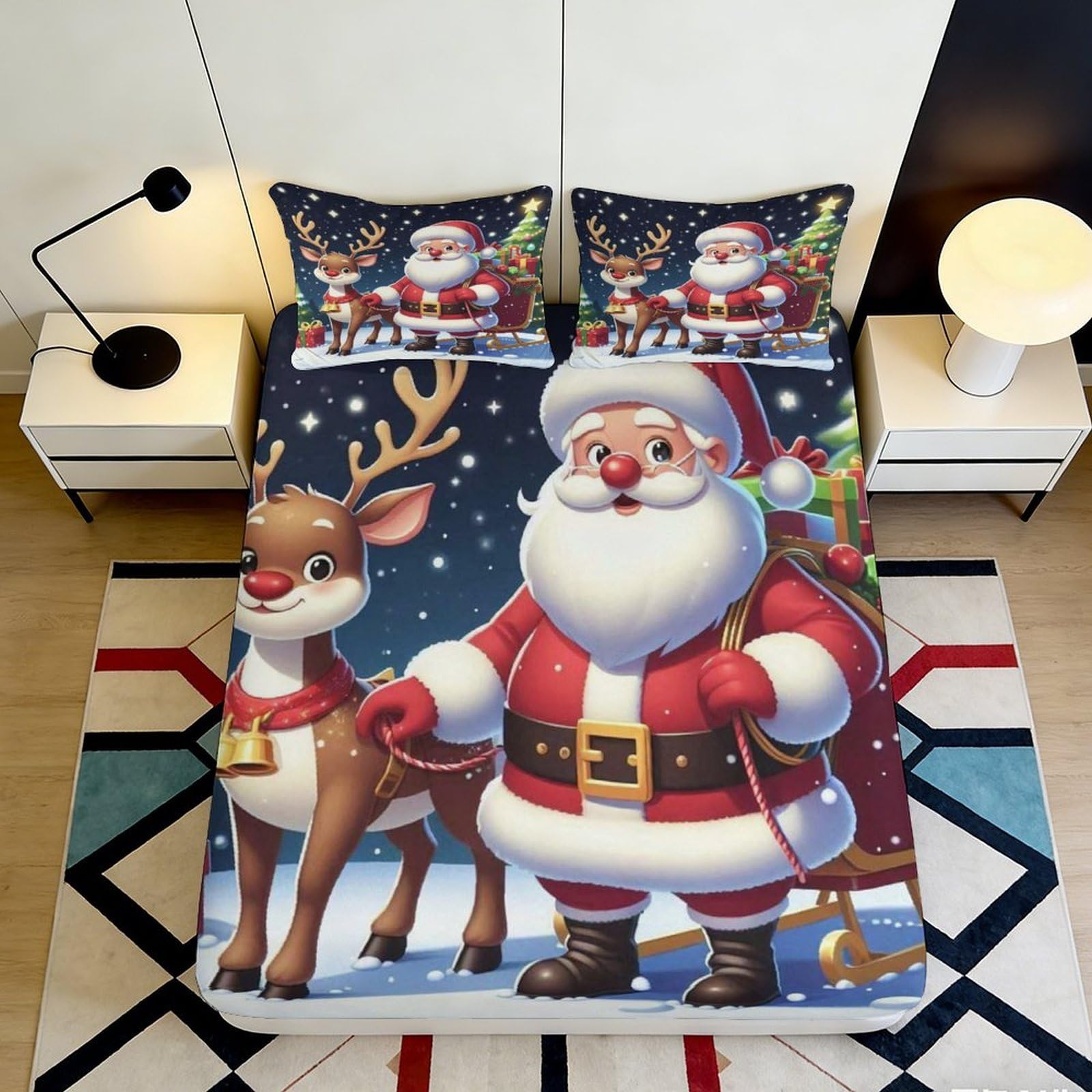 3D Printed Santa Claus Fitted Sheet Microfiber Christmas Reindeer Mattress Cover for Bedroom Dorm Guest Room Decor 90x200x25cm