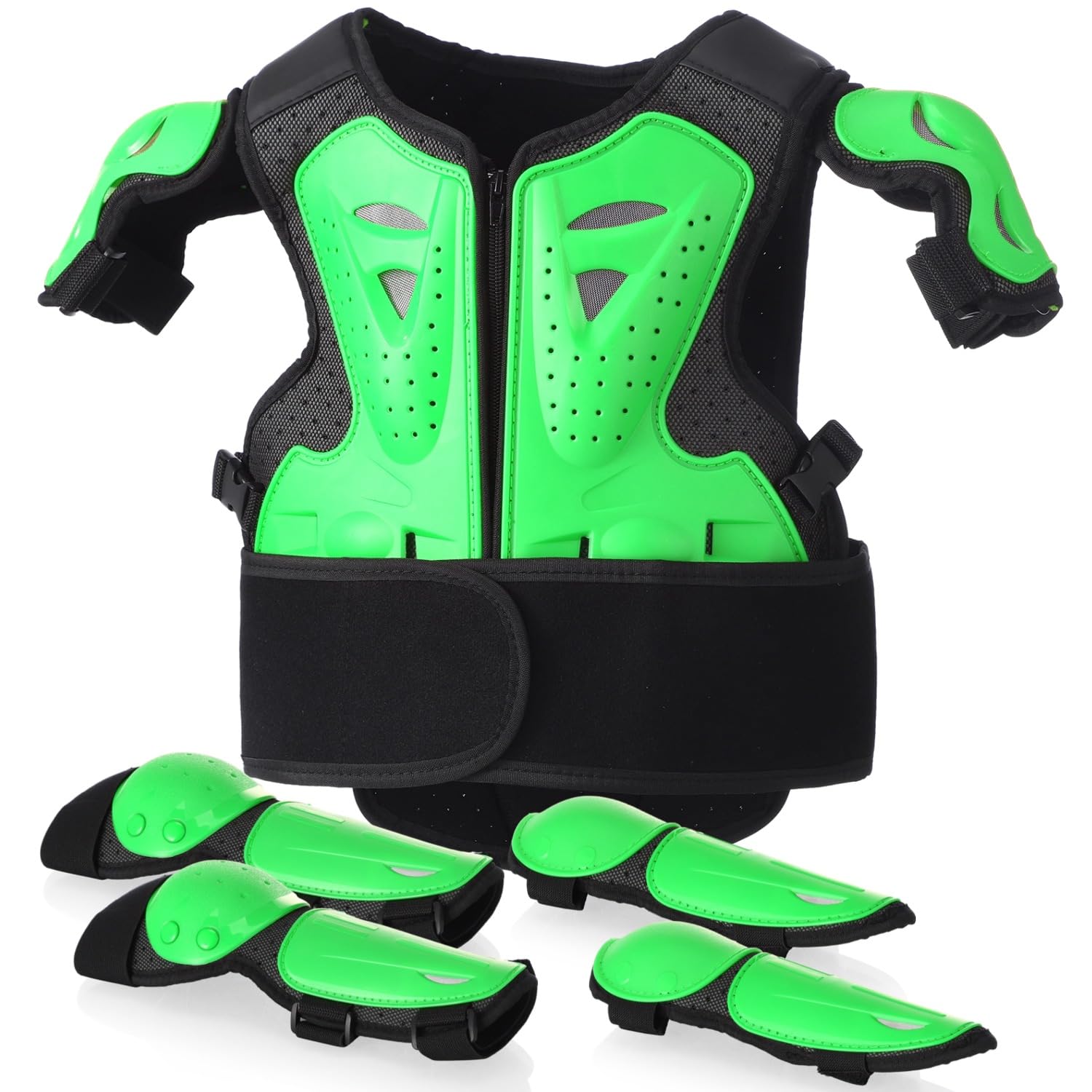 Jugend Schutzset mit brustpanzer Kinder und rückenprotektor Kinder, verstellbare Motorradjacke mit MTB Protektoren sowie Ellbogen- & Knieschützern für Radfahren, Skaten und Scooter
