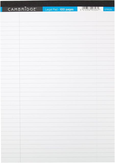 Cambridge A4 Legal Pad, Ruled with Margin, White, 100 Page, Pack of 10