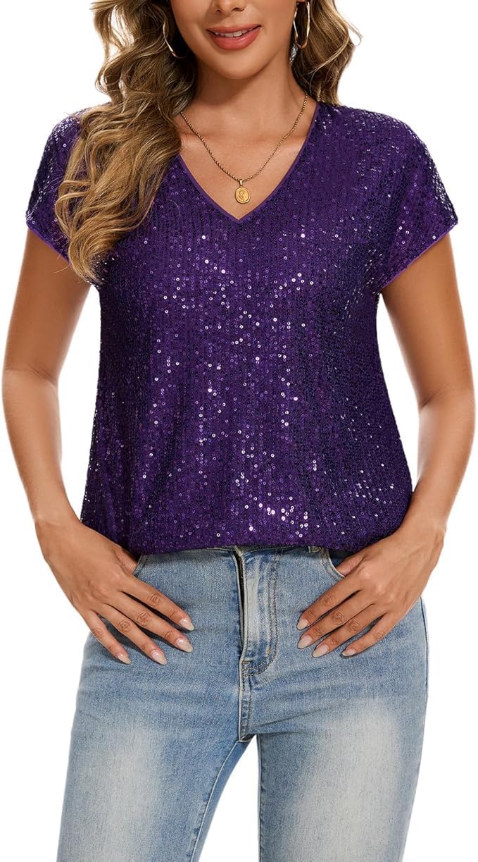 Kyzoeyou Tops for Women Sequin Sparkly Shirts Cap Sleeve V Neck Blouse Glitter Sequined Tunic Top Loose Casual Party