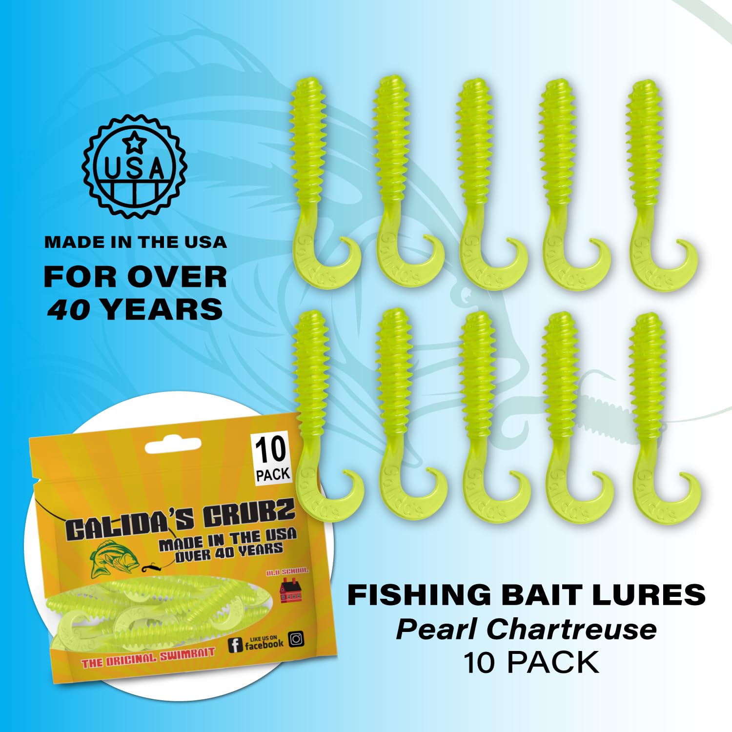 Galida's Grubz Soft Plastic Fish Bait Lures for Fishing | Fishing Bait Lure with Deep Ribs | Great for Beginners and Advanced Fishermen | Pearl Chartreuse | Pack of 10 Fishing Bait Lures