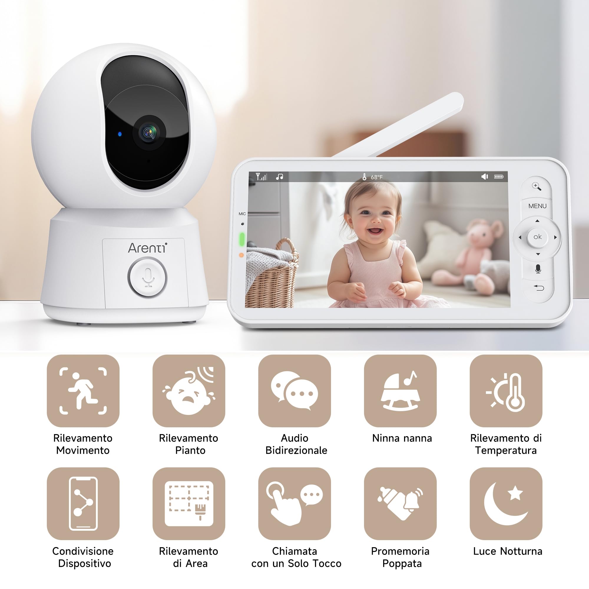 ARENTI Monitor Neonato con Videocamera Wifi 5" 360° PTZ 3350mAh Visione Notturna VOX Rilevamento Temperatura