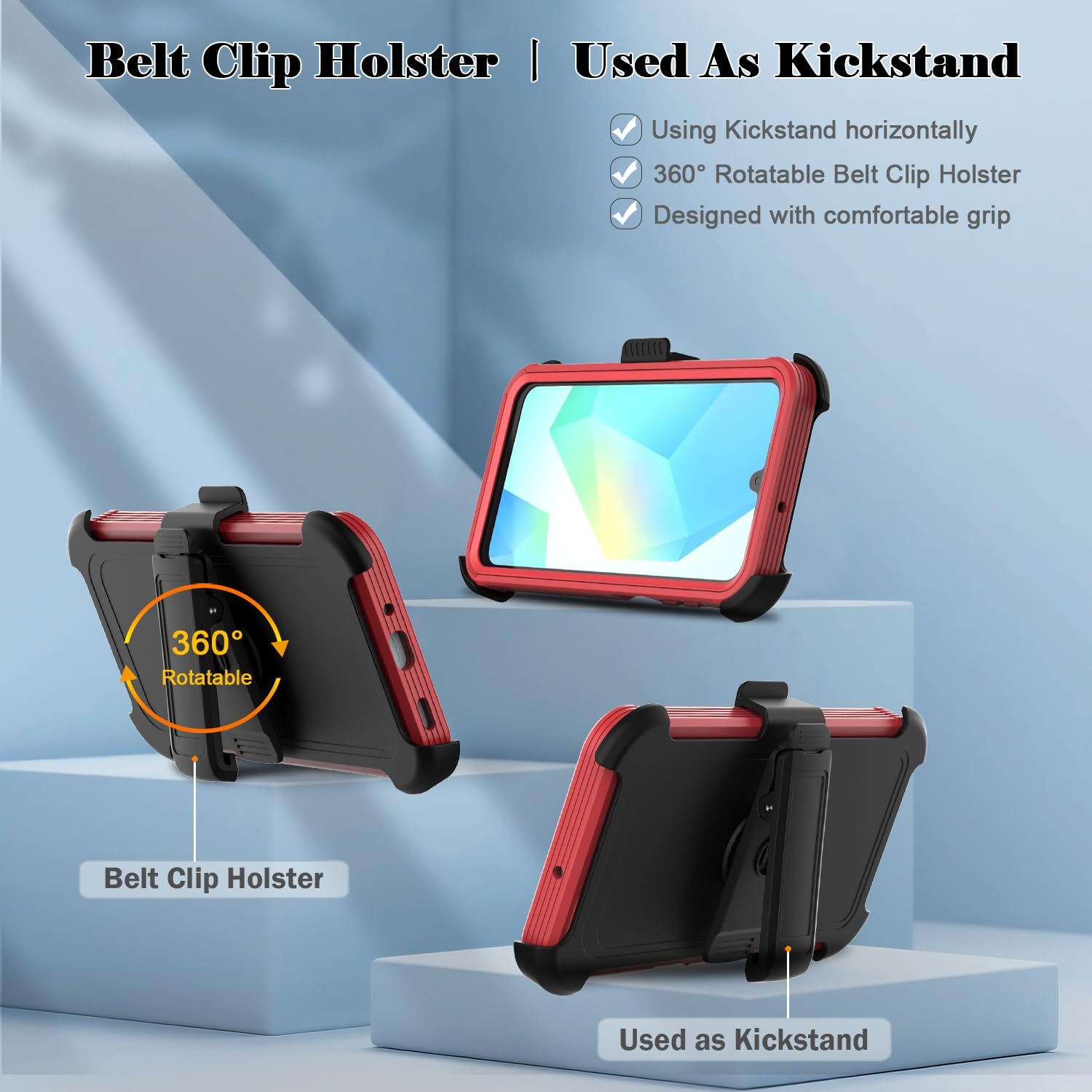 for Samsung Galaxy A16 5G Case, [Transparent & Holster Series] Belt Clip Full Body Shockproof Protective Cell Phone Cover with 2 Pack Tempered Glass Screen Protector (Red/Clear)