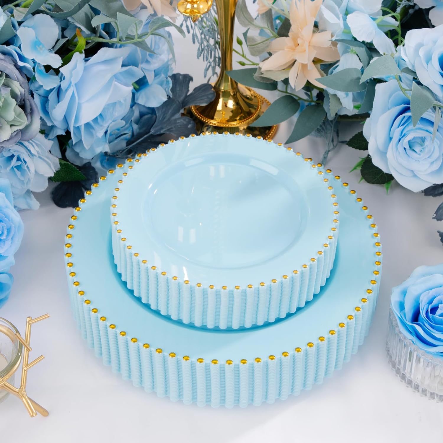 ejonirinjonir EI 60pcs Blue Plastic Plates,Dispoable Heavy Duty Plastic Plates with Gold Rim,Baby Blue 10" Dinner & 7" Dessert Plate,Fancy Elegant Plate for Party,Birthday,Afternoon Tea