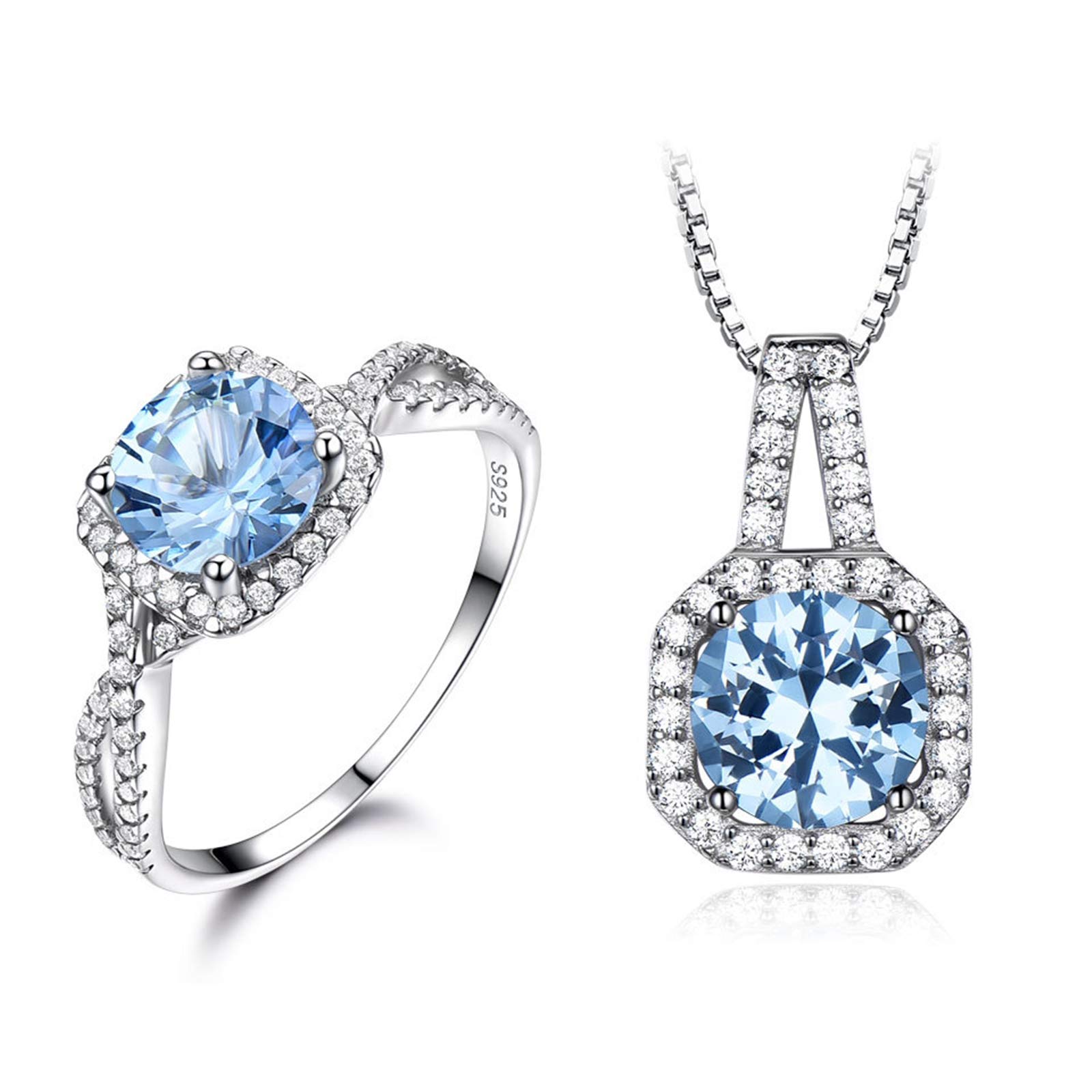 Bague collier halo ronde scintillant topaze bleu ciel parure femme argent 925 - 8
