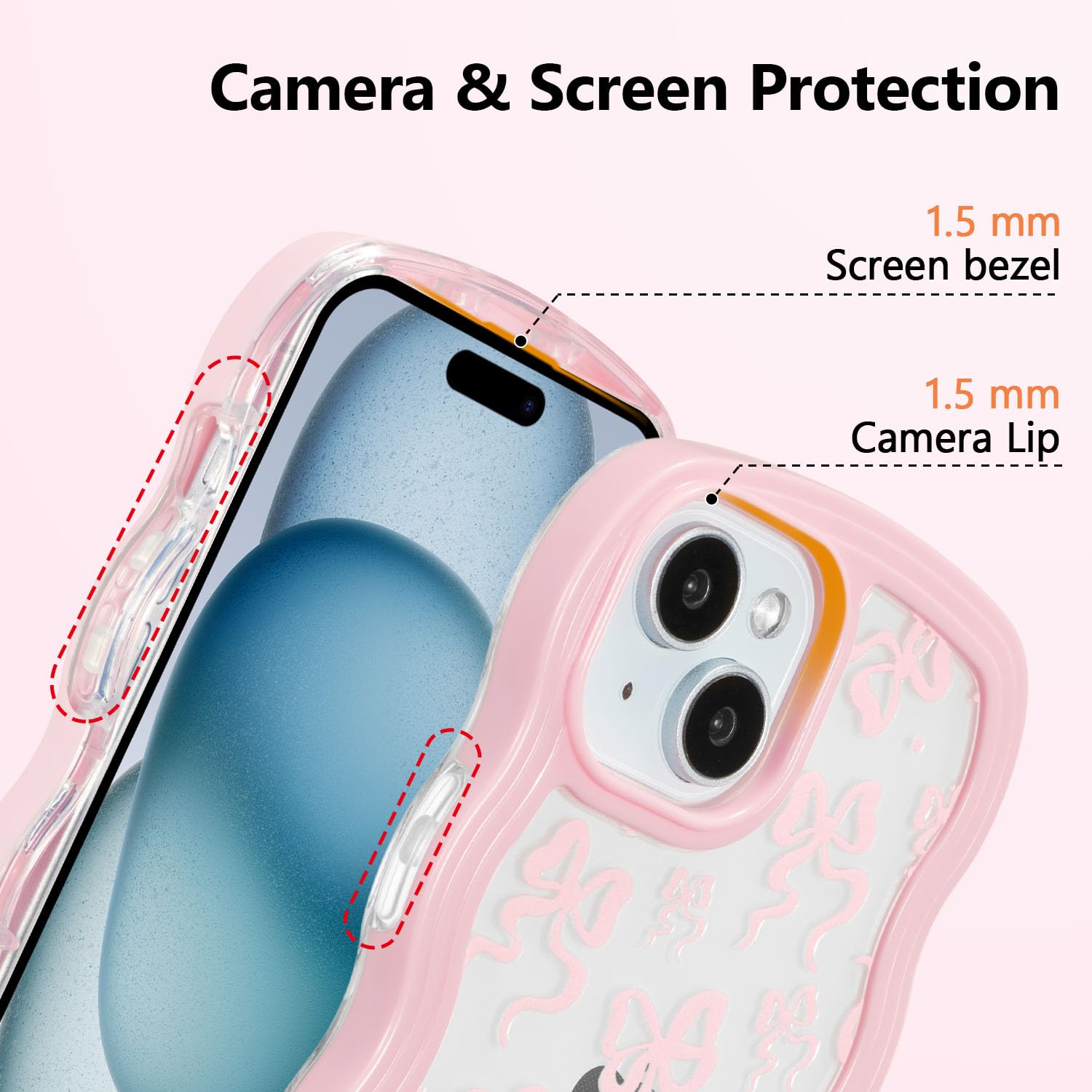 QLTYPRI Custodia Per IPhone 16 Trasparente Con Fiocco E Bordo Ondulato – Silicone TPU Rosa