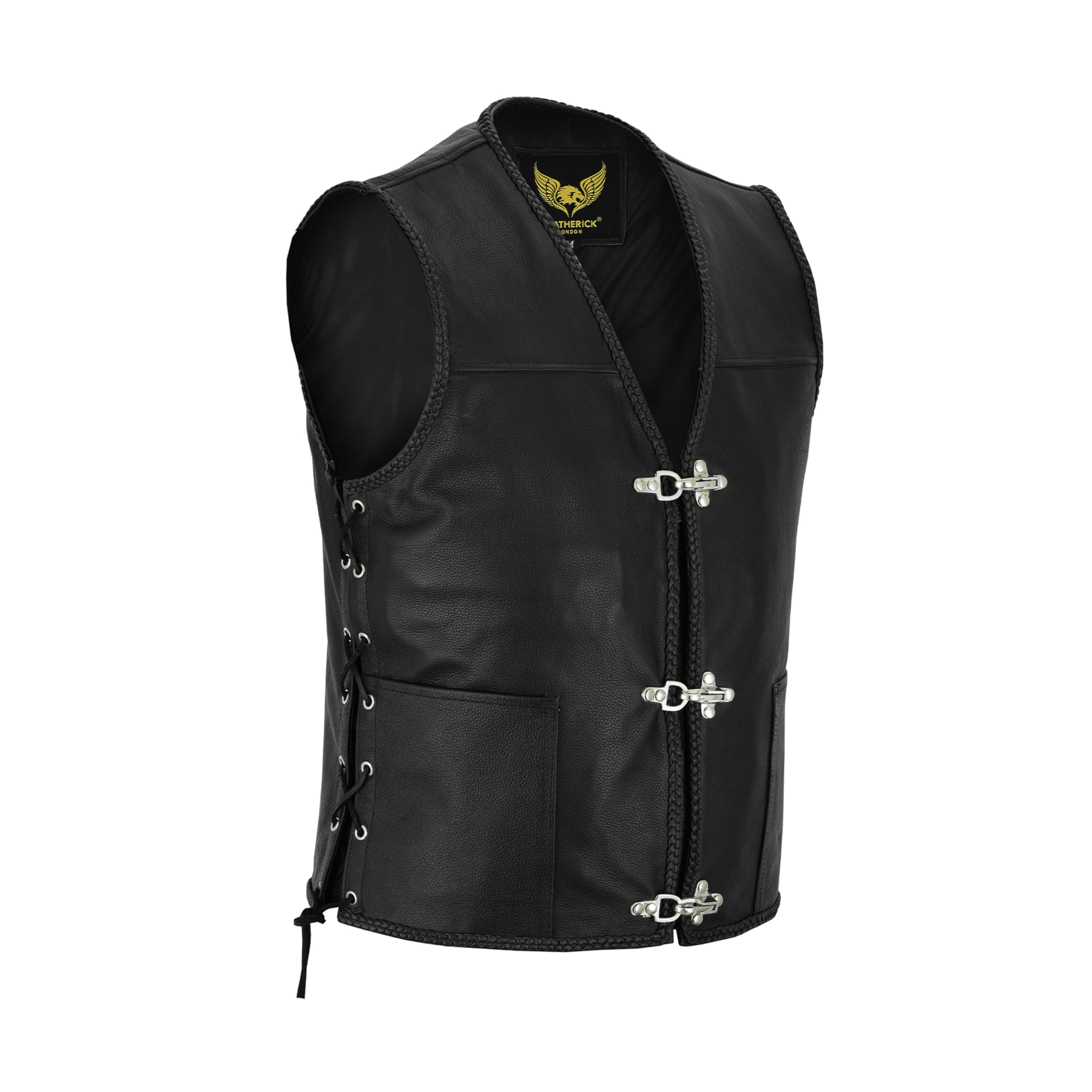 Leatherick Chaleco de motorista de cuero estilo anzuelo de cuero genuino para hombre
