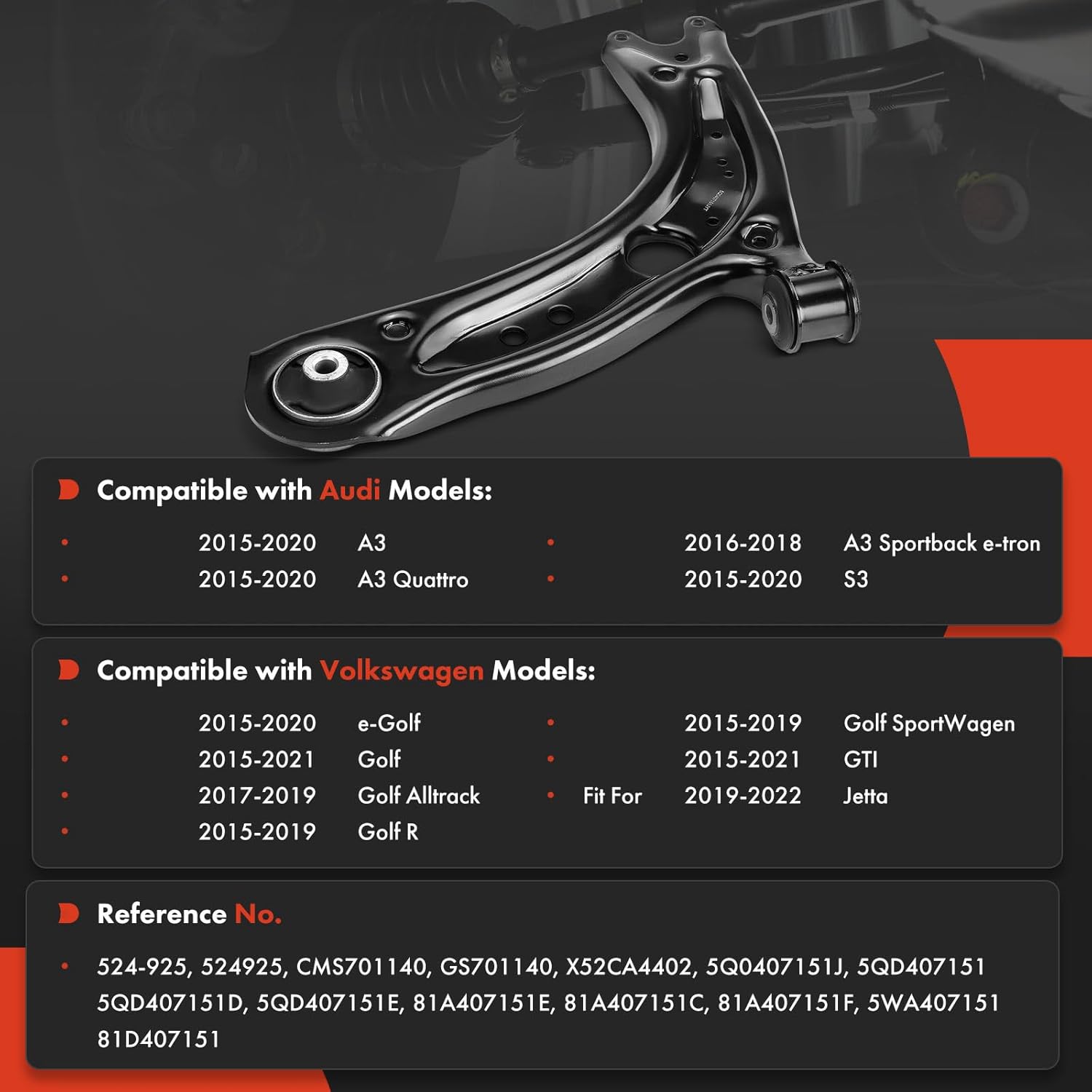 A-Premium Front Left Lower Control Arm, with Bushing, Compatible with Volkswagen Jetta, Golf, Golf R, Golf SportWagen, Golf Alltrack, GTI, e-Golf & Audi A3, A3 Quattro, A3 Sportback e-tron, S3