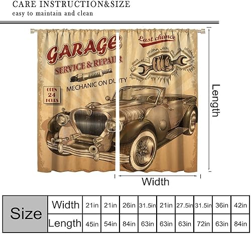 Miniatura 2 de Vintage Car Curtains Retro Style Garage Poster Route 66 Old Classic Car Theme Art Pattern Print Boys Man Teens Bedroom Living Room Rod Pocket Window