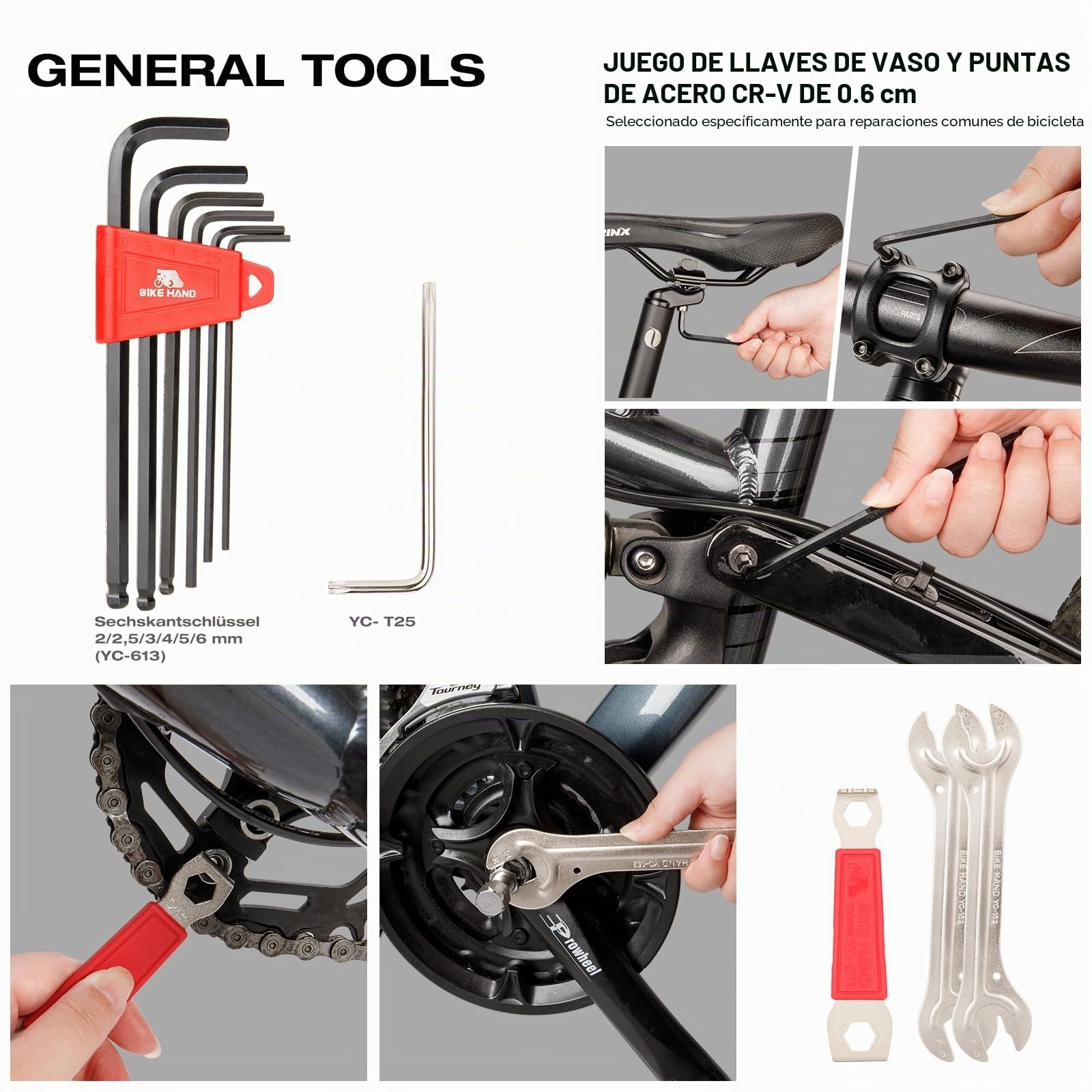 Bike Hand Juego de herramientas para bicicleta, kit de reparación profesional con cadena, llave inglesa y accesorios, color negro y rojo