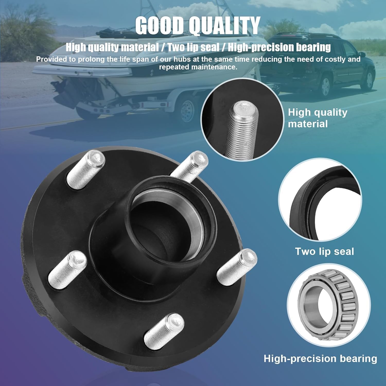 2 Set 2000 lbs Trailer Axle Spindle Kit Round BT8 Spindle with 5-Lug 4.5" Hub, Trailer Axle Kit for 2000 lb 5 Lug Trailer Hub Fits 1-1/16" Spindle, Fits Boat, Utility & Cargo Trailers