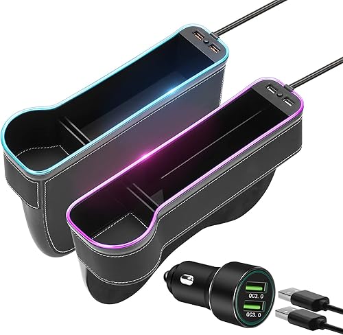 Organizador LED de 7 colores para asiento de automóvil con cargador rápido de 56 W, organizador de consola de automóvil con soporte para tazas