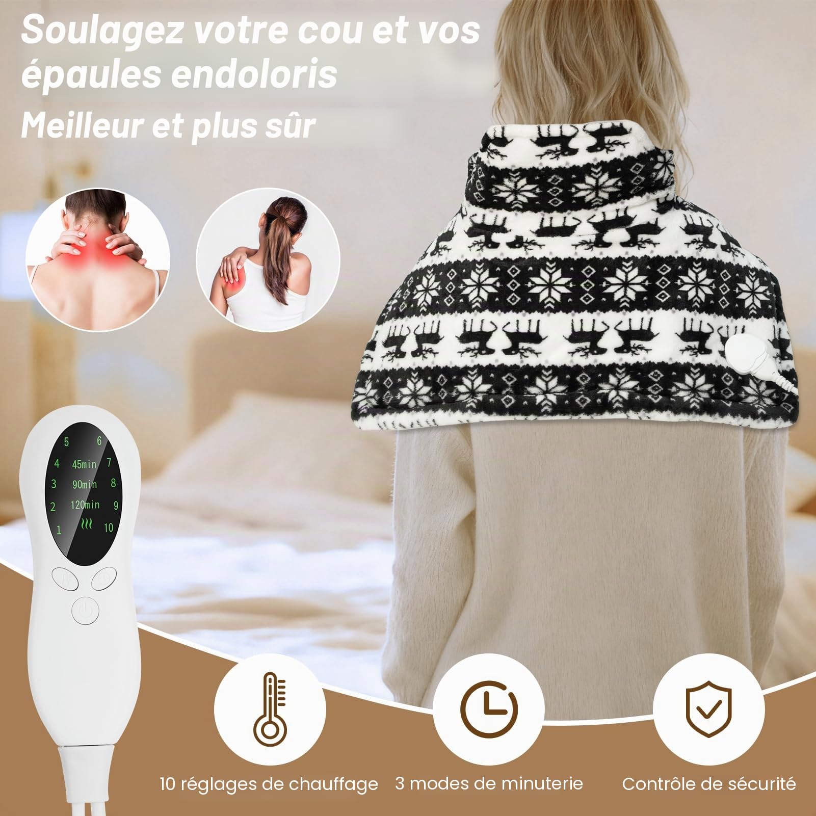 DEWEL coussin chauffant épaule et nuque 58x42cm - coussin cervical chauffant électrique en flanelle, 6 niveaux de température et lavable en machine - cadeau de noël avec motif renne noir et blanc
