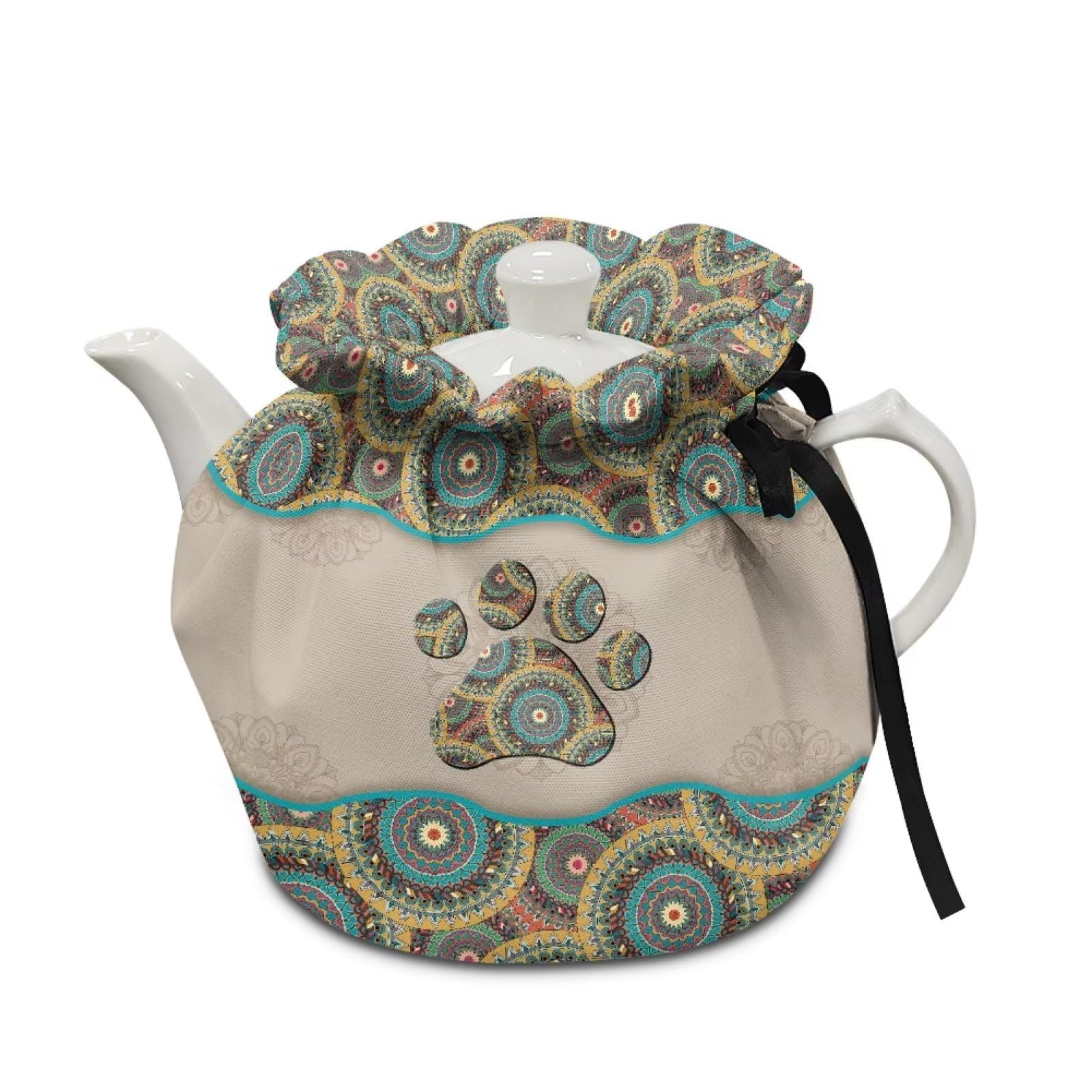 Poceacles Boho Mandala Dog Paw Print Tea Cosy for Teapot Insulated Heat Resistant Breakfast Warmer Tea Kettle with Adjustable Strap Washable Tea Pot Dust Cover for Keeping Warm