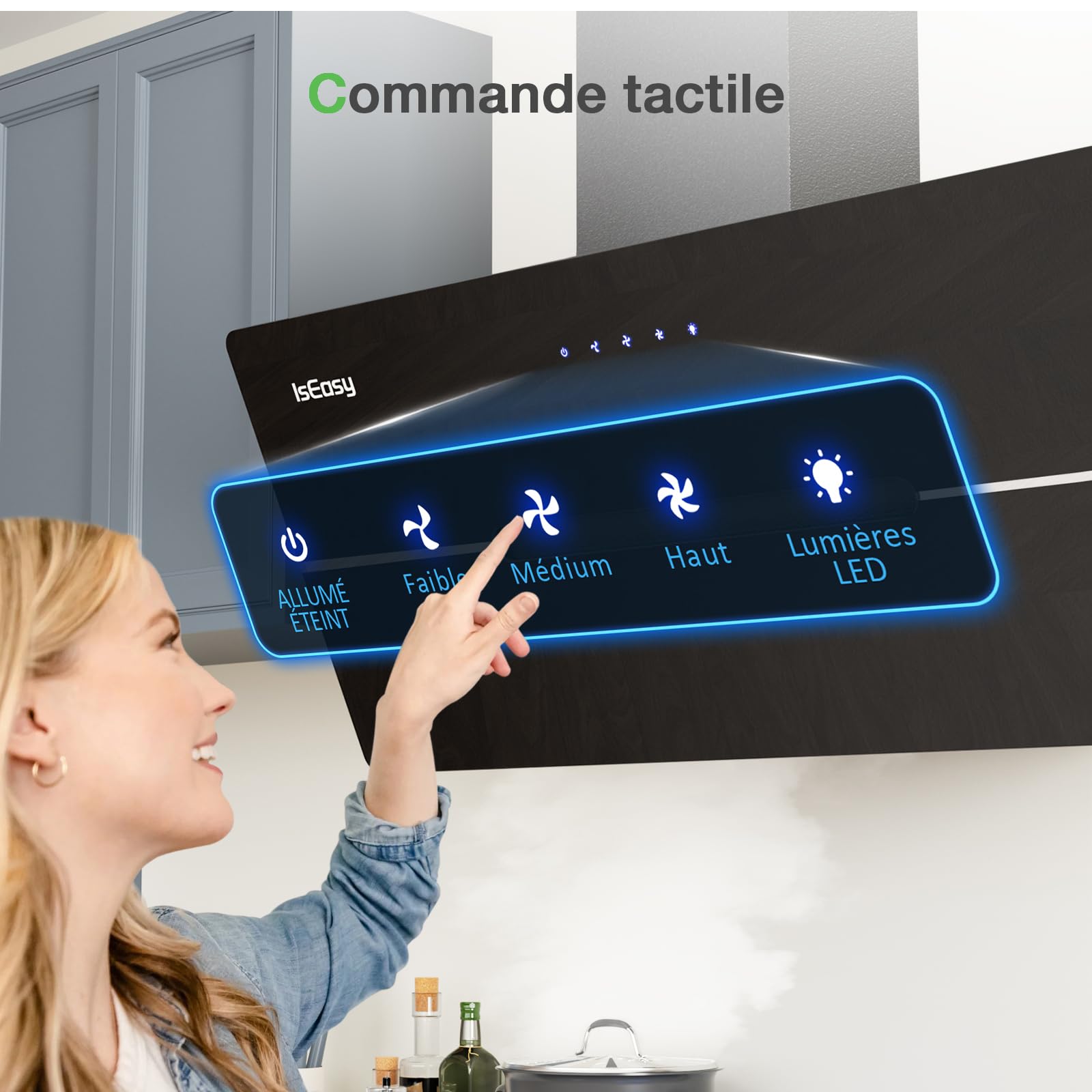 Hotte Aspirante 90cm, IsEasy Hotte Aspirante Inclinée Noir, 578 m³/h Classe A++, 3 Niveaux de Vitesse, Éclairage LED, Hotte Murale Évacuation ou Recyclage, Filtre à Charbon Inclus
