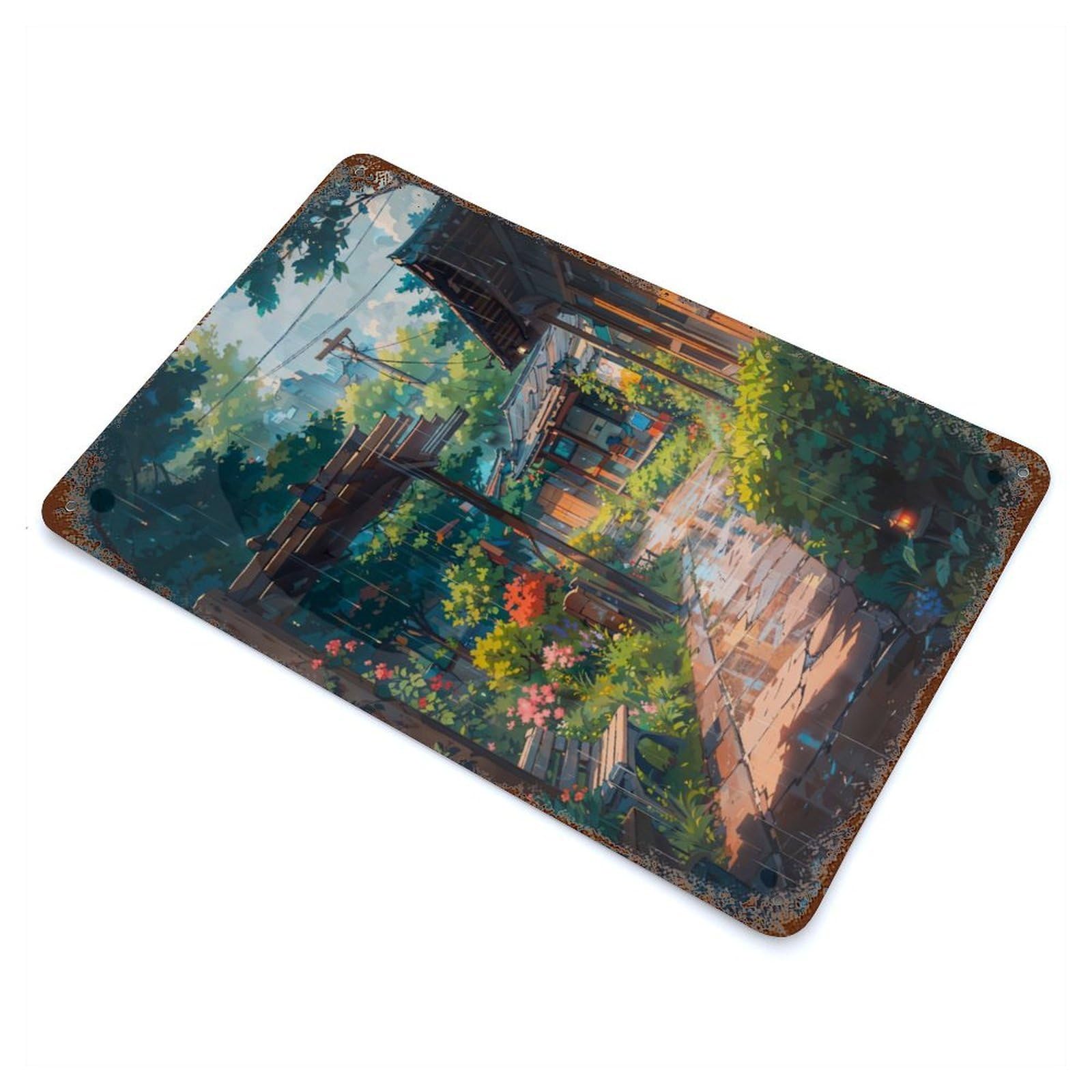 Rustic Tin Plaque Village Rain 11.8"x7.9", Vintage Wall Decor for Pub, Kitchen And Man Cave Decor