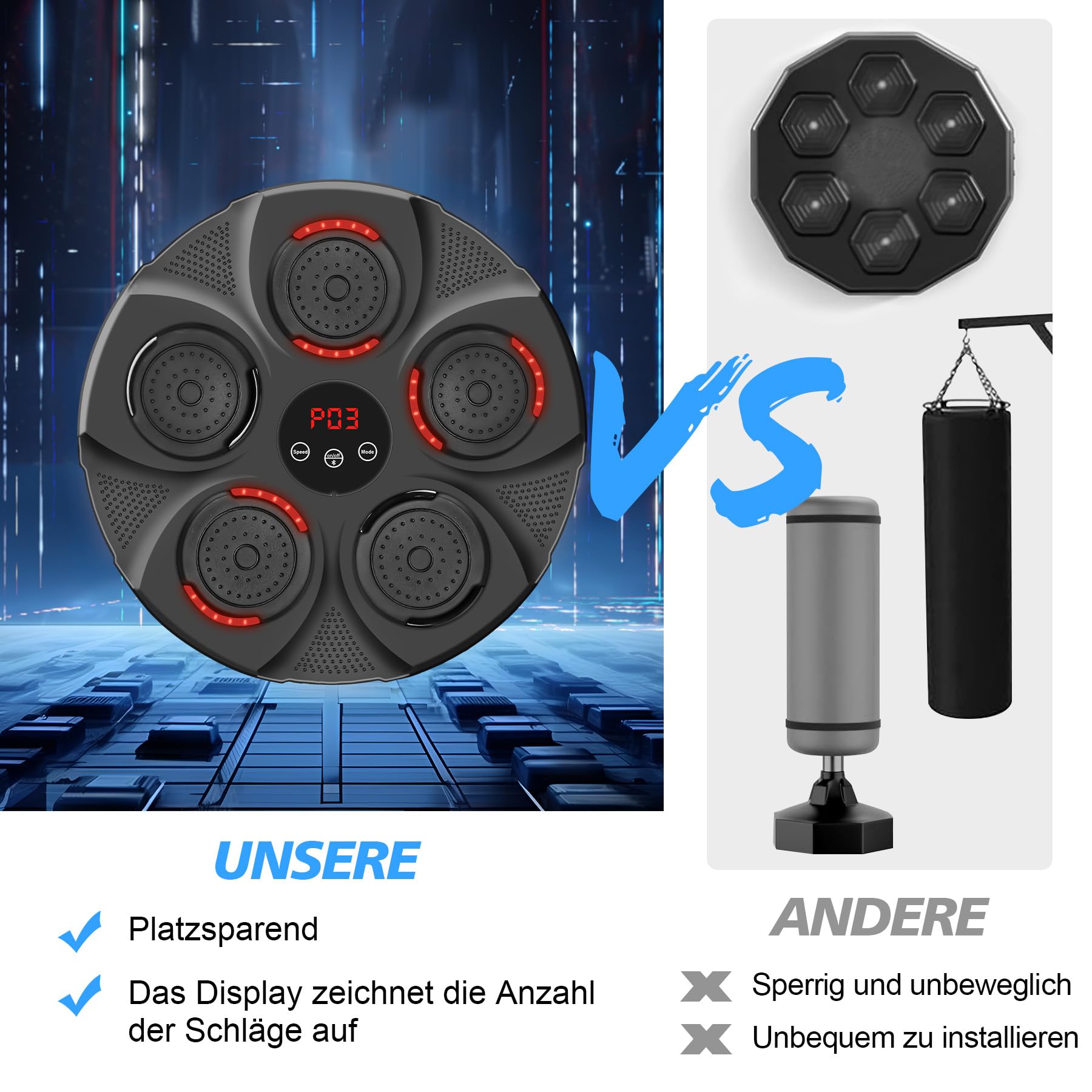 INMORVEN Musik Boxmaschine,boxsack Wandhalterung für Boxtrainingsausrüstung 15.7 Zoll,Boxen LED Wand Boxing Target Smart Elektronische für Zuhause,Fokus Agility Training für Kinder und Erwachsene
