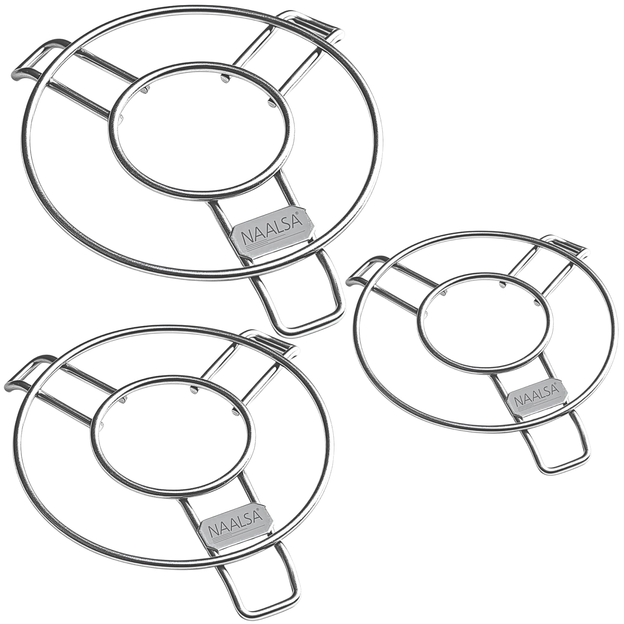 NAALSA - Mars 3pc Set Stainless Steel Round Trivet, Hot Pot Stand, Heavy Duty Steel Trivet for Hot Utensils, 4mm Rod Table Top Ring, Hot Pot Mat Stand for Kitchen Utensil Vessel Holder (Pack of 3)