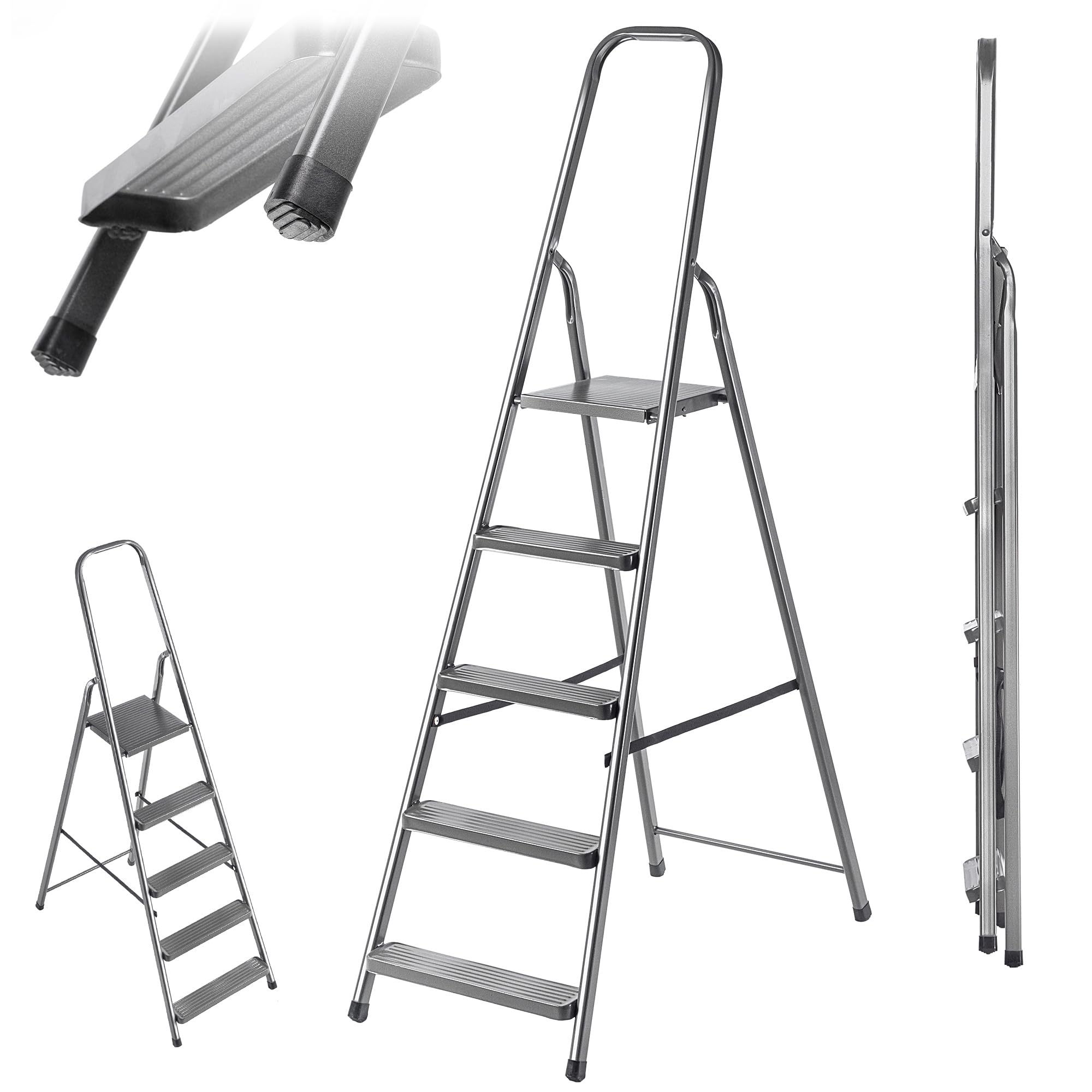 KADAX Escalera plegable de acero de 5 peldaños con patas antideslizantes y estante, escalera de un lado para el hogar y el jardín