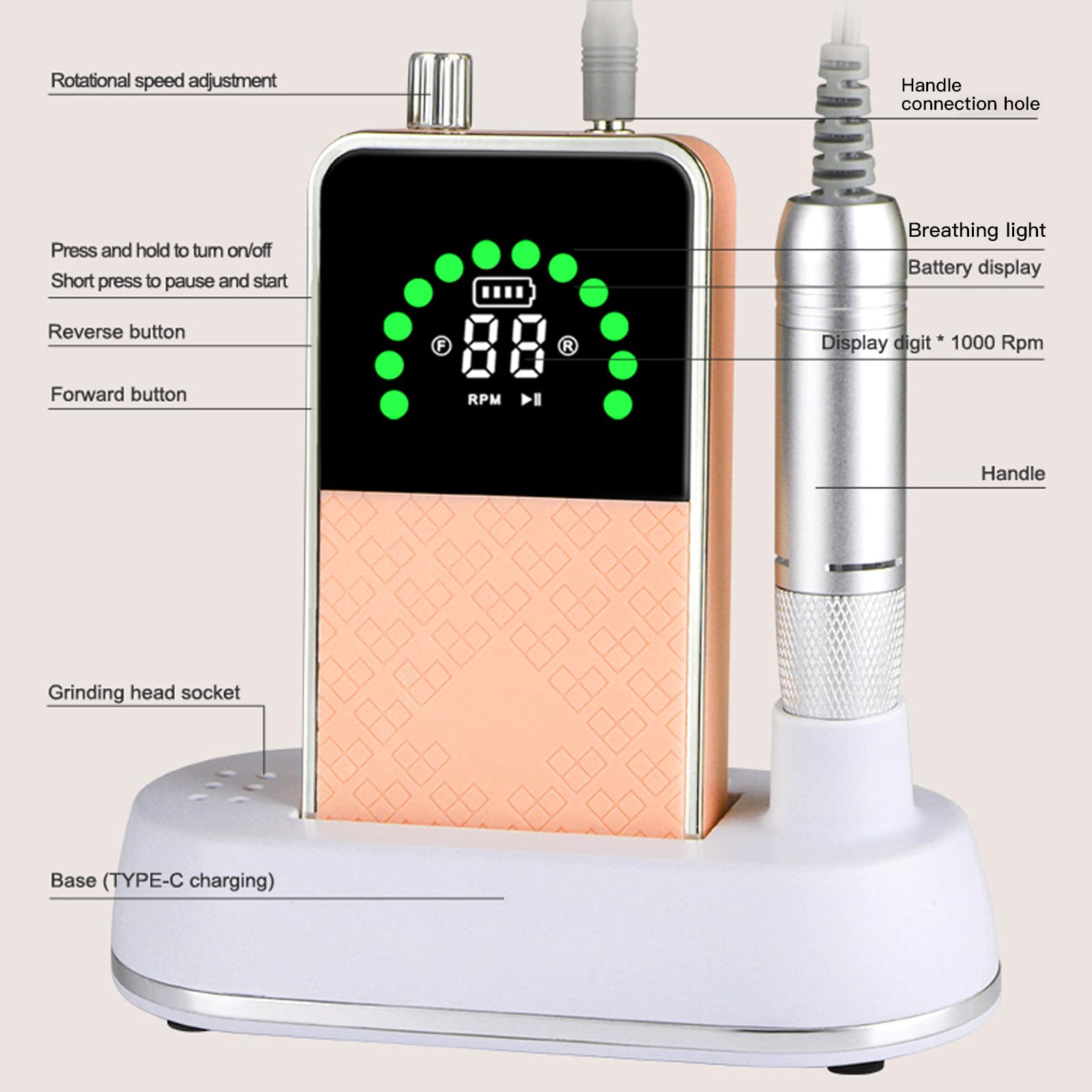 Ponceuse pour Ongles Professionnelle 50000 RPM Portable Rechargeable Avec Affichage LCD et 7 Embouts Ponçage pour Pédicure Manucure, Puissante, Silencieuse pour Salon/Maison