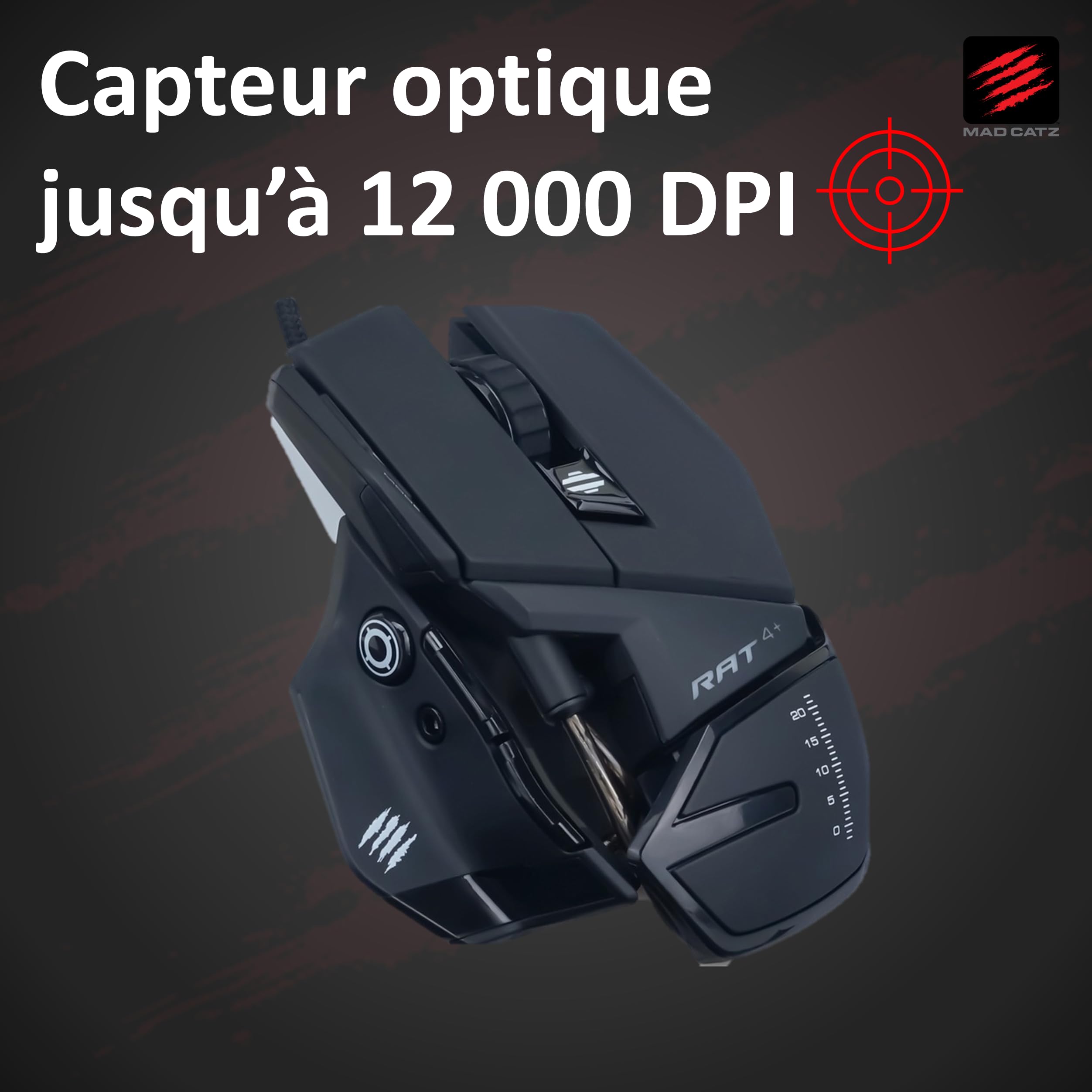 Mad Catz Rat 6+ Souris Gamer Filaire USB - Souris Ergonomique 11 Boutons Programmables - Capteur Optique Pixart3360 12000 DPI - Souris Gaming Pour PC Noir RGB Et Repose Poignet Reglable