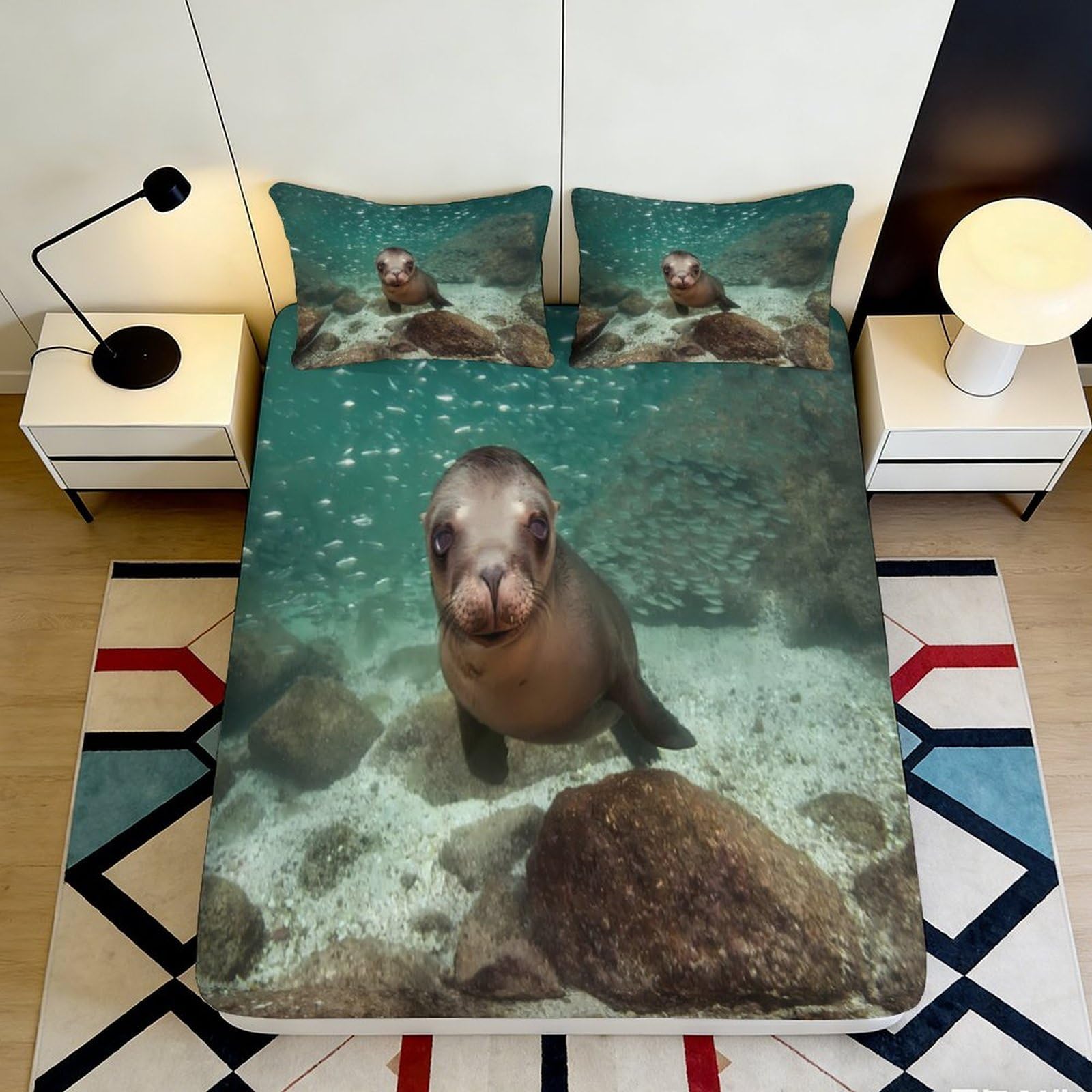 3D Printed Sea Lion Fitted Sheet Microfiber Deep Pocket Non-Slip Bedroom Bedding Ocean Mattress Fitted Cover Washable All Ages 120x200x25cm