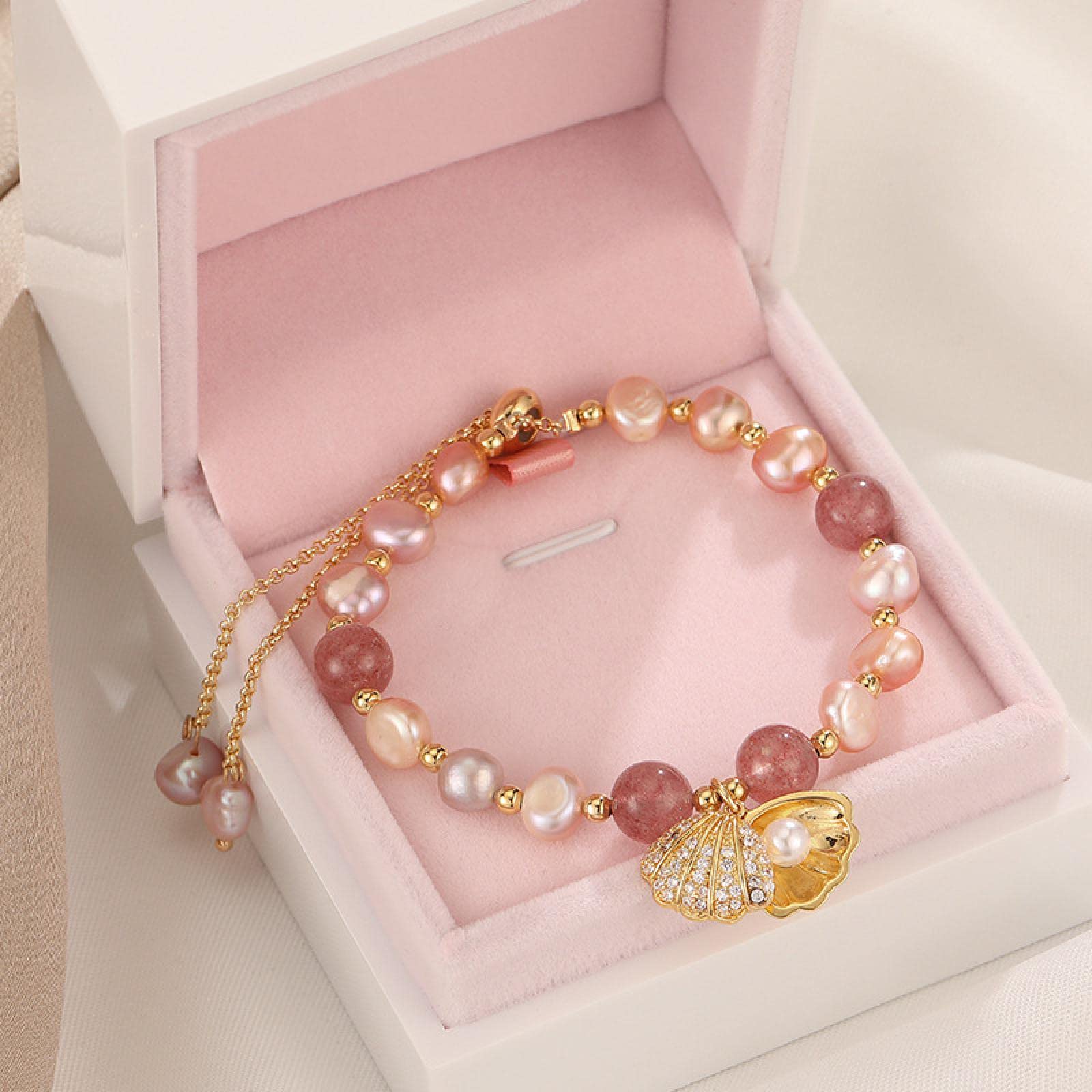 Pulseras Mujer dama pulsera niñas regalo rosa perla de agua dulce fresa cuarzo diseño de concha de encanto femenino para regalos