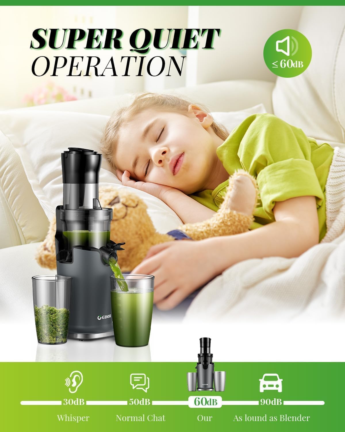 GDOR Slow Juicer Entsafter für Gemüse und Obst mit 90mm XL Einfüllöffnung, Hohe Saftausbeute Entsafter, Leise & BPA-frei Juicer, Einfach zu Reinigen Saftpresse Elektrische mit 2 Gläsern & Bürste 200W