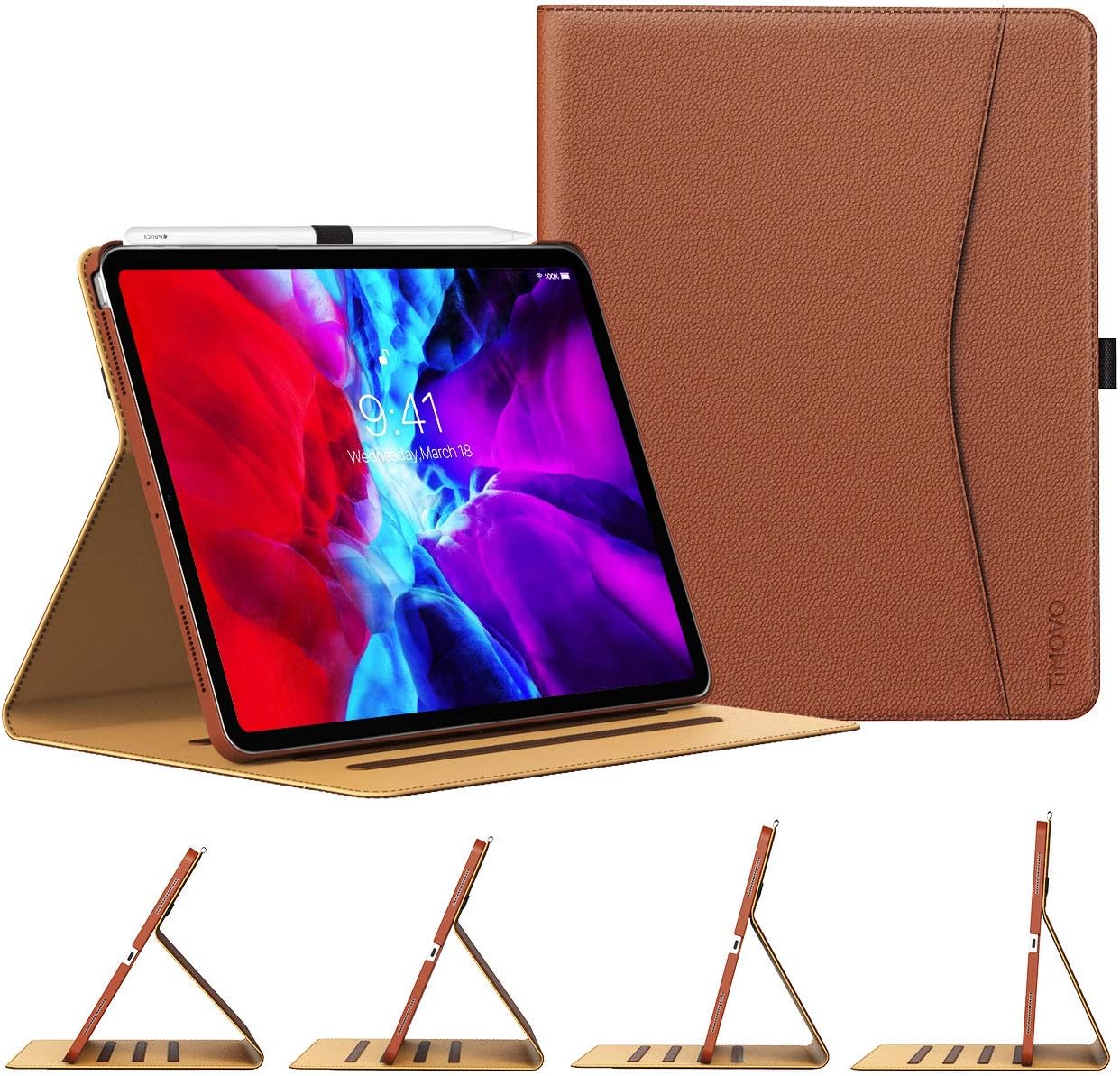 TiMOVO Case for New iPad Pro 12.9 Inch 2020 (4th Generation), [4 Viewing Angles] PU Leather Folding Folio Case Cover, Support Apple Pencil Pair & Charging with Auto Wake/Sleep - Brown