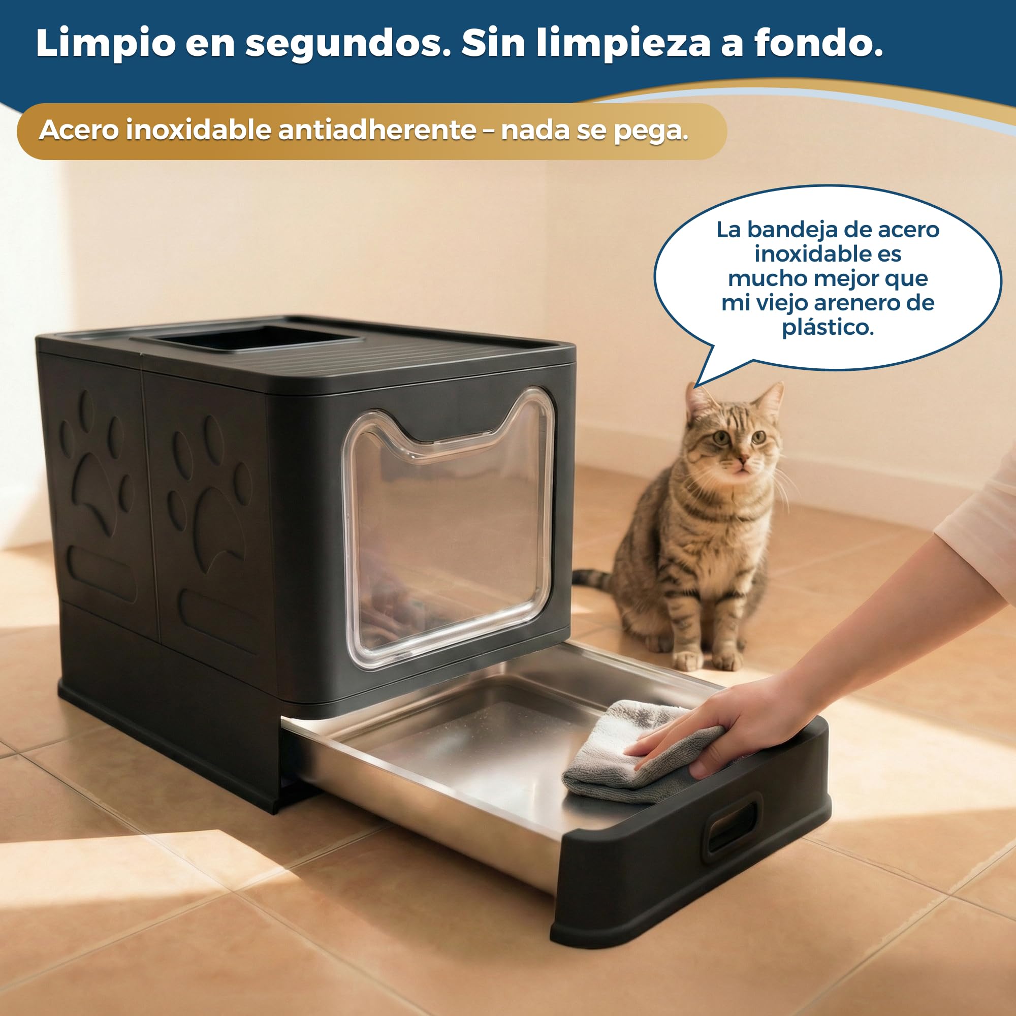 Arenero Gato Acero Inoxidable Cubierto – Caja Arena con Bandeja Extraíble – Antiolores, antifugas, fácil de Limpiar – Arenero para Gatos con Doble Entrada – con Pala – (38,3×51×41 cm) - Negro