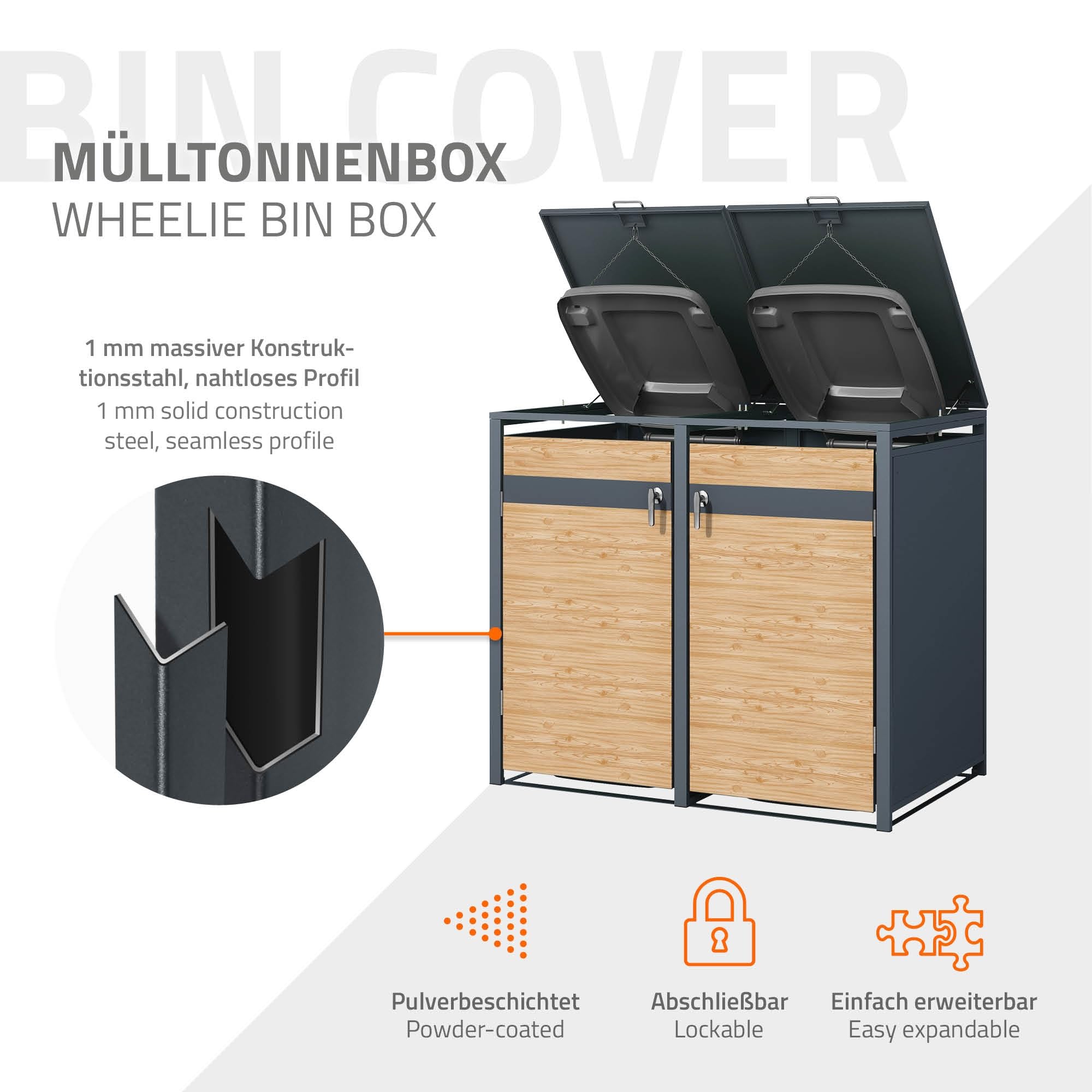 ML-Design Box pour 2 Poubelles, jusqu'à 240L,132x80x116,3 cm, en Acier, Anthracite/Aspect Mélèze, Résistant aux Intempéries, Habillage de Poubelle, Couvercle Rabattable/2 Portes, Conteneur Abri Hangar
