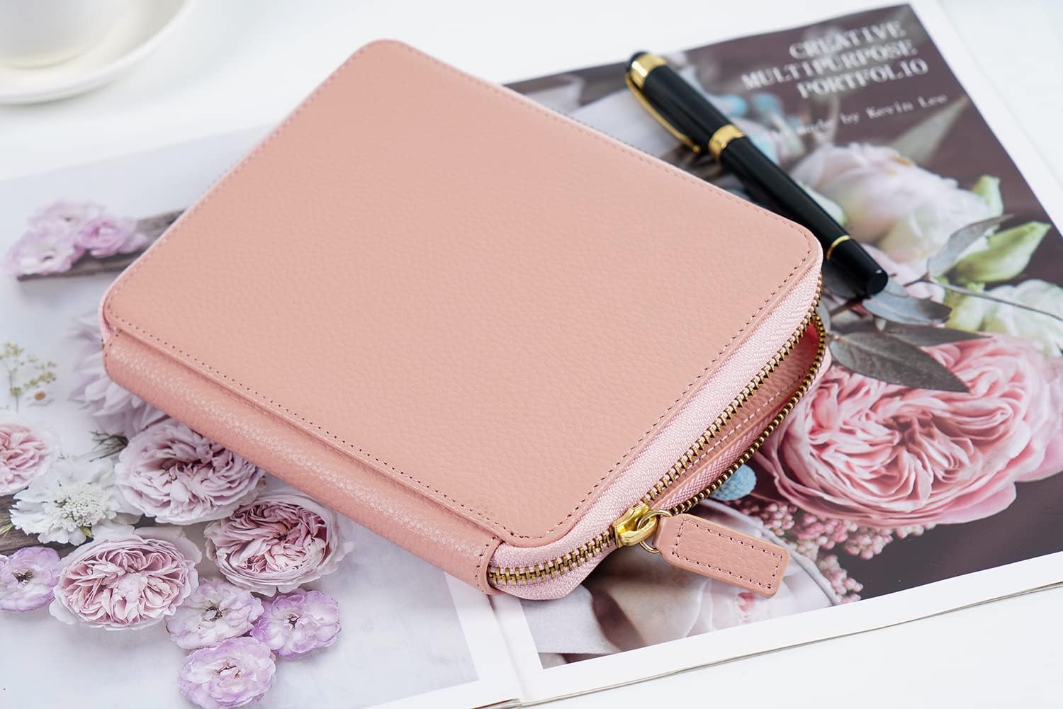 Moterm Leather Zippered Pen Pouch - Fountain Pen Case with 6 Pen Loops and a Snap Pocket (Pebbled-Dusty Rose)