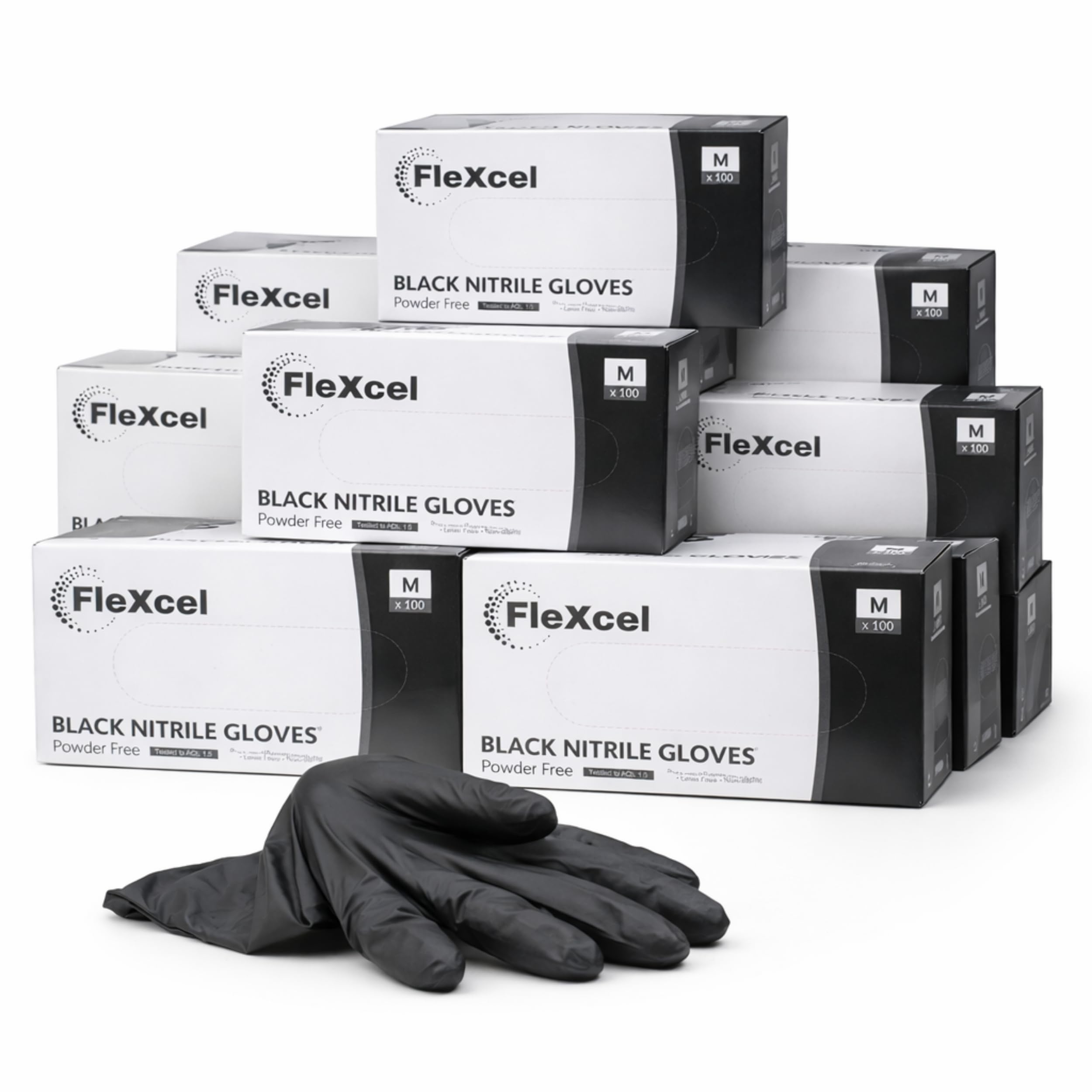 FleXcel Black Nitrile Gloves (10 Boxes of 100) Size X-Large - Multipurpose Powder Free, Latex Free, Medical Grade, Food Safe Examination Gloves - AQL 1.5