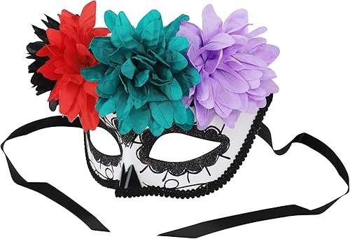 GREUS Máscara de calavera de azúcar para mujer, máscara del Día de los Muertos mexicano, máscara de mascarada de flores, máscara de media cara para