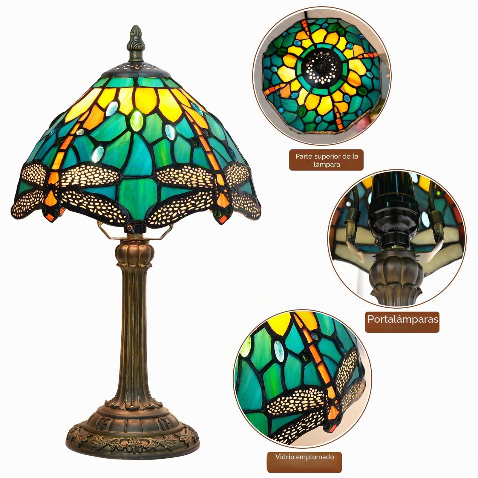 Tiffany - Lámpara de vitral, diseño de libélula verde para dormitorio, mesa de lectura, para mesita de noche, sala de estar, oficina, dormitorio, comedor, decoración