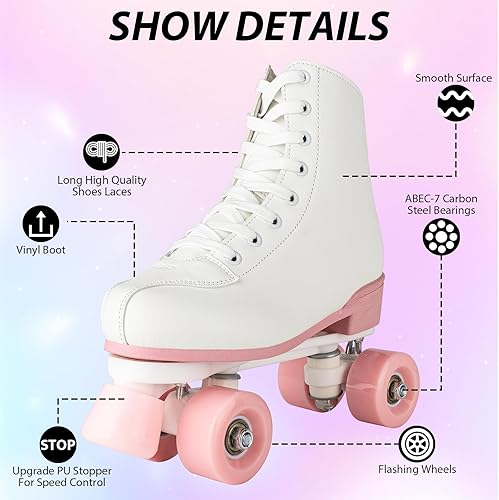 Miniatura 5 de YYW Patines de ruedas para mujeres y niñas, patines de derby de luces, patines de cuero sintético de doble fila, patines negros y rosas, para Blanco