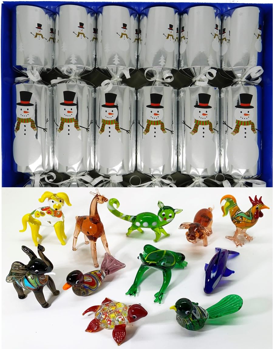 Crackers Ltd Assorted Set Of 6 Large Glass Animal Figurine Festive Snowman Design Silver Christmas Crackers