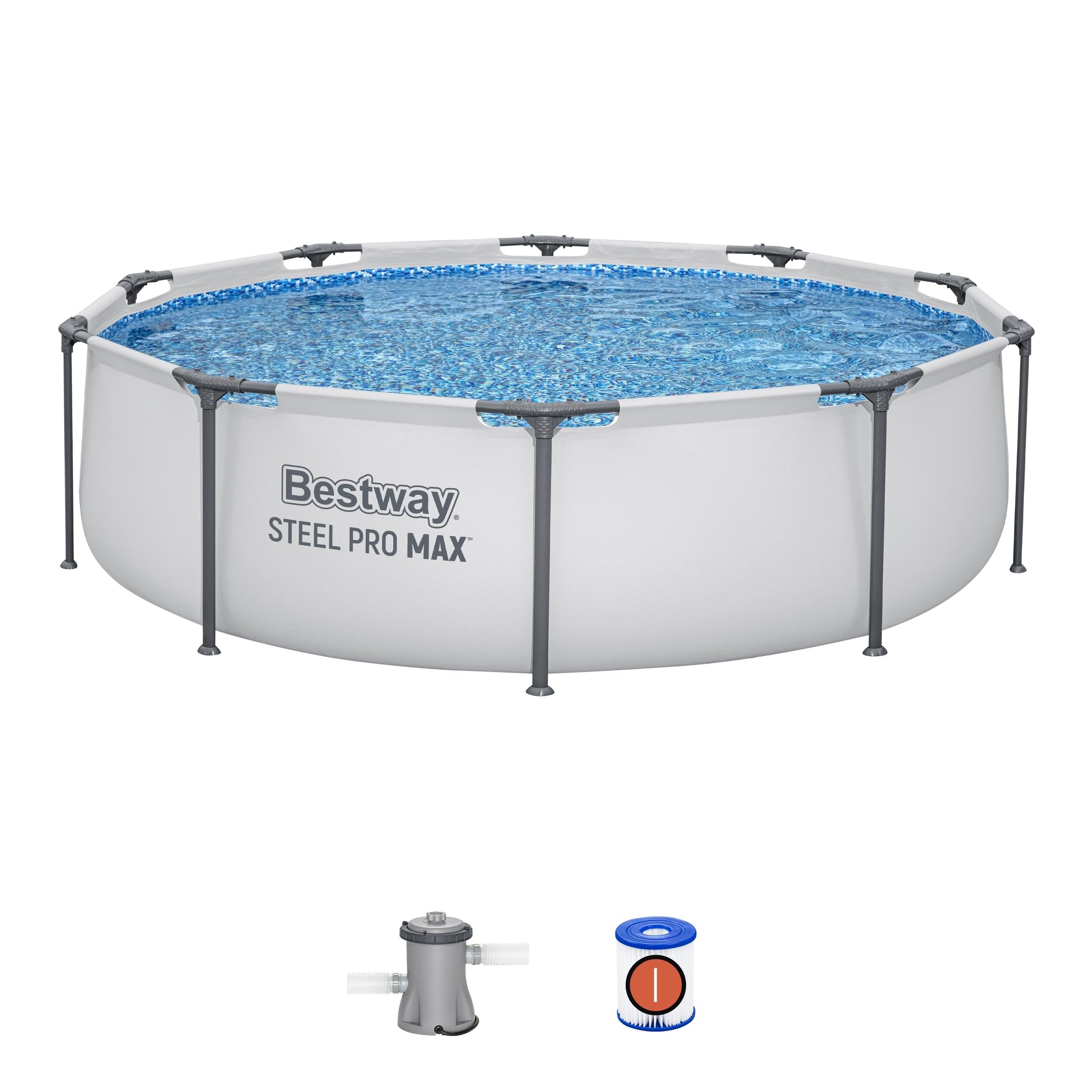 Bestway Steel Pro Max | Round Frame Swimming Pool with Filter Pump, Above Ground Frame Pools, Grey, 10’