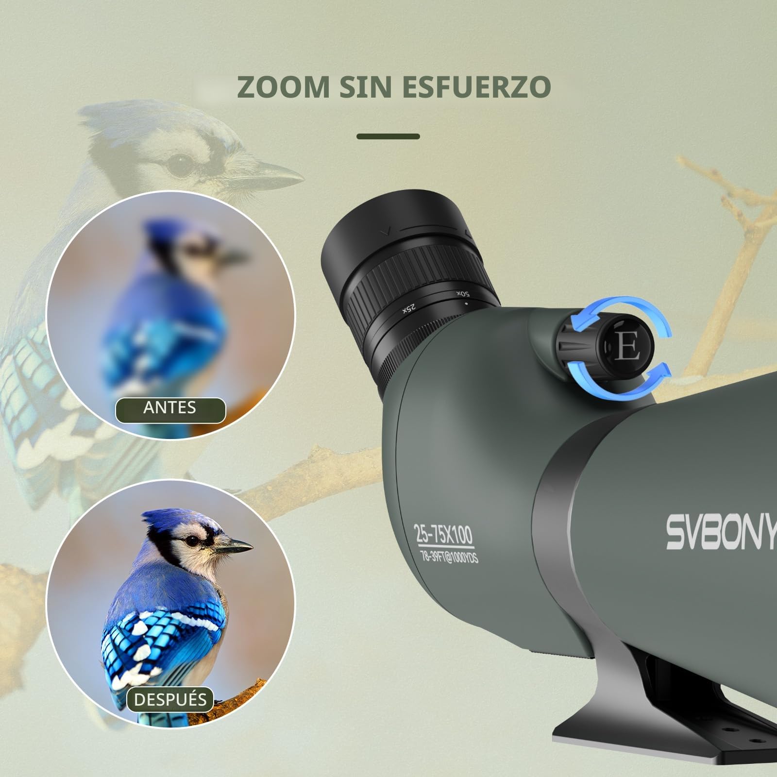 Svbony SV28 25-75x100mm Telescopio Terrestre con Trípode, Gran Campo de Visión Imágenes Claras y Brillantes, HD Bak4 FMC Telescopio Terrestre con Adaptador, para Tiro al Blanco, Observación de Aves