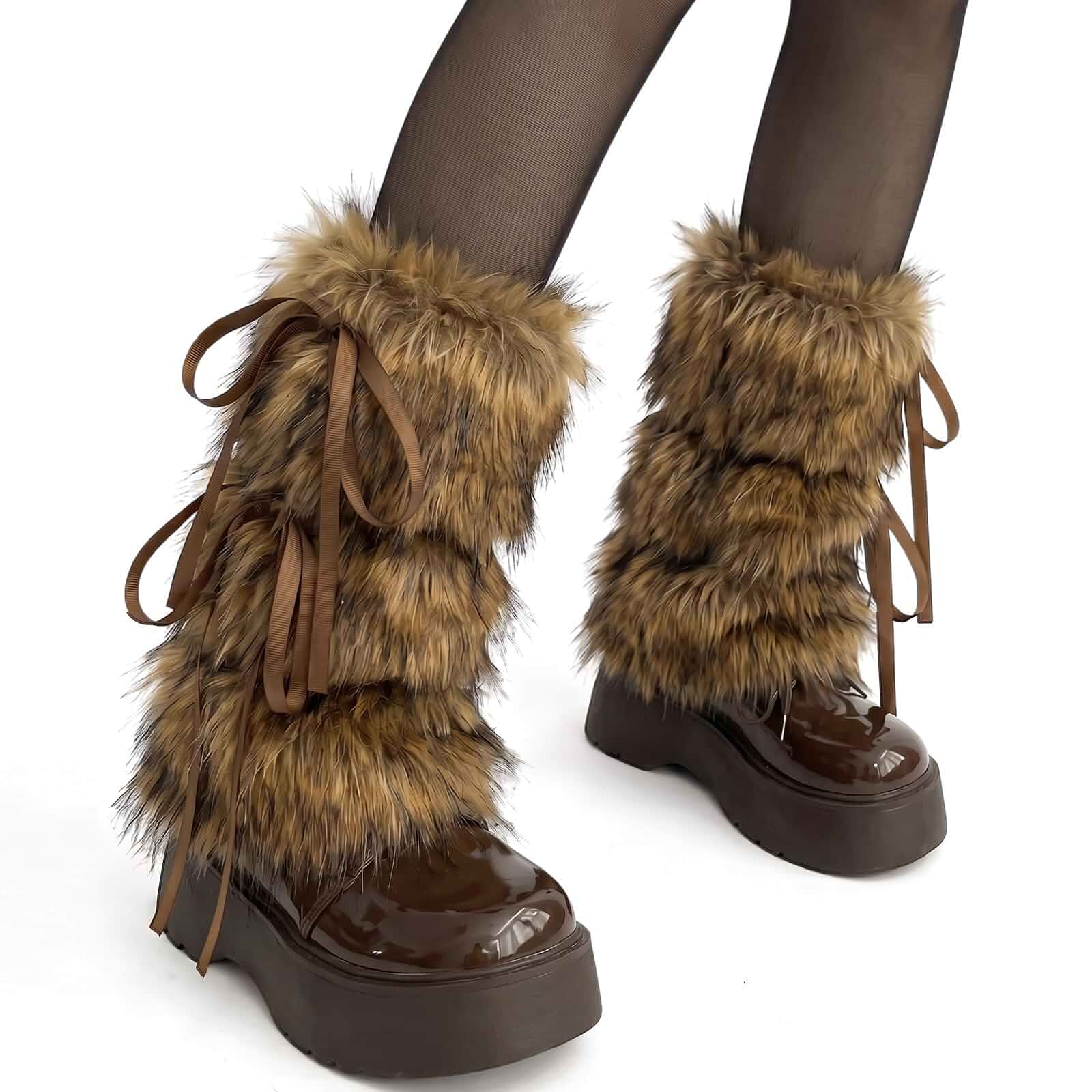 Chicingyou Women's Fuzzy Leg Warmers with Ribbon Bow Knot Halloween Y2k Soft Furry Sleeve Socks, Boot Cuffs Covers for Women, Boot Sleeves Warmers, Party Costume for Winter Christmas