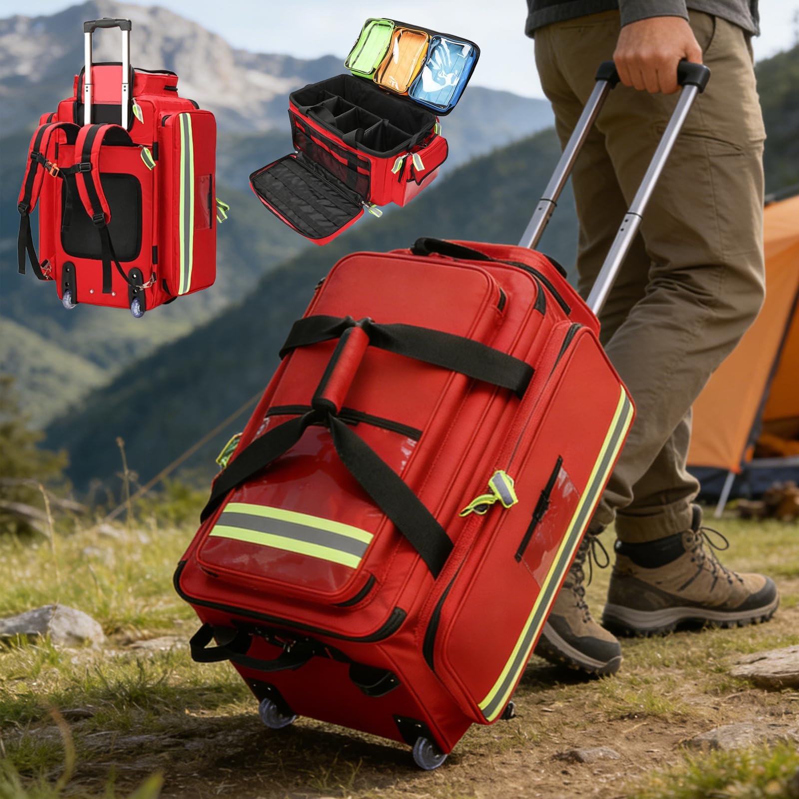 Bolsa de transporte de gran capacidad, portátil para exteriores, kit de primeros auxilios con ruedas, tiras reflectantes, para viajes, camping, senderismo