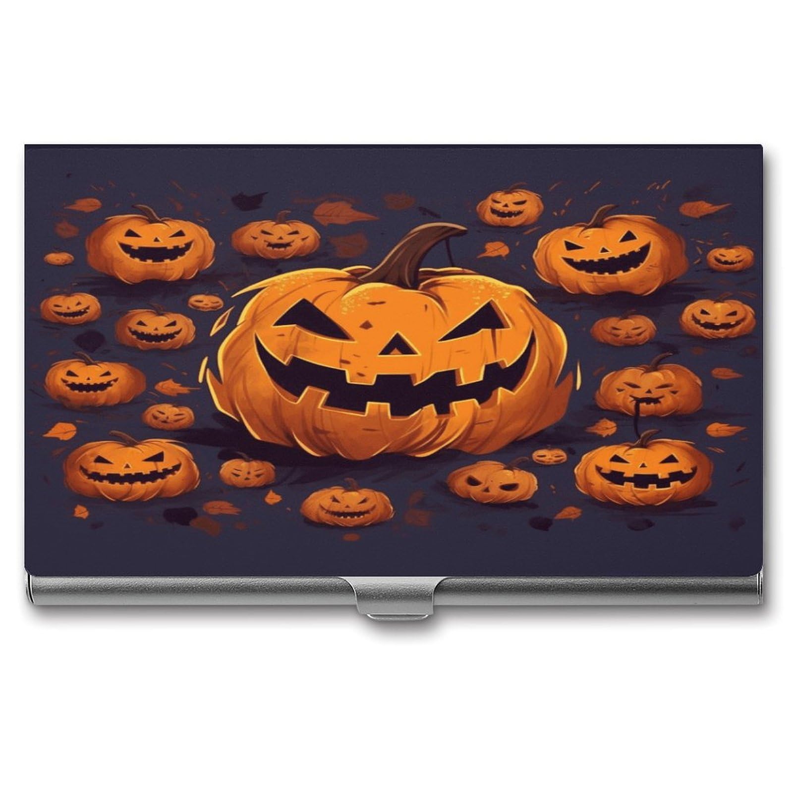 JTREHY Halloween Pumpkin Business Card Holder Slim Purse Name Card Holder Portable Metal Business Card Case Wallet Large Capacity Lightweight Business Card Case for Men Women