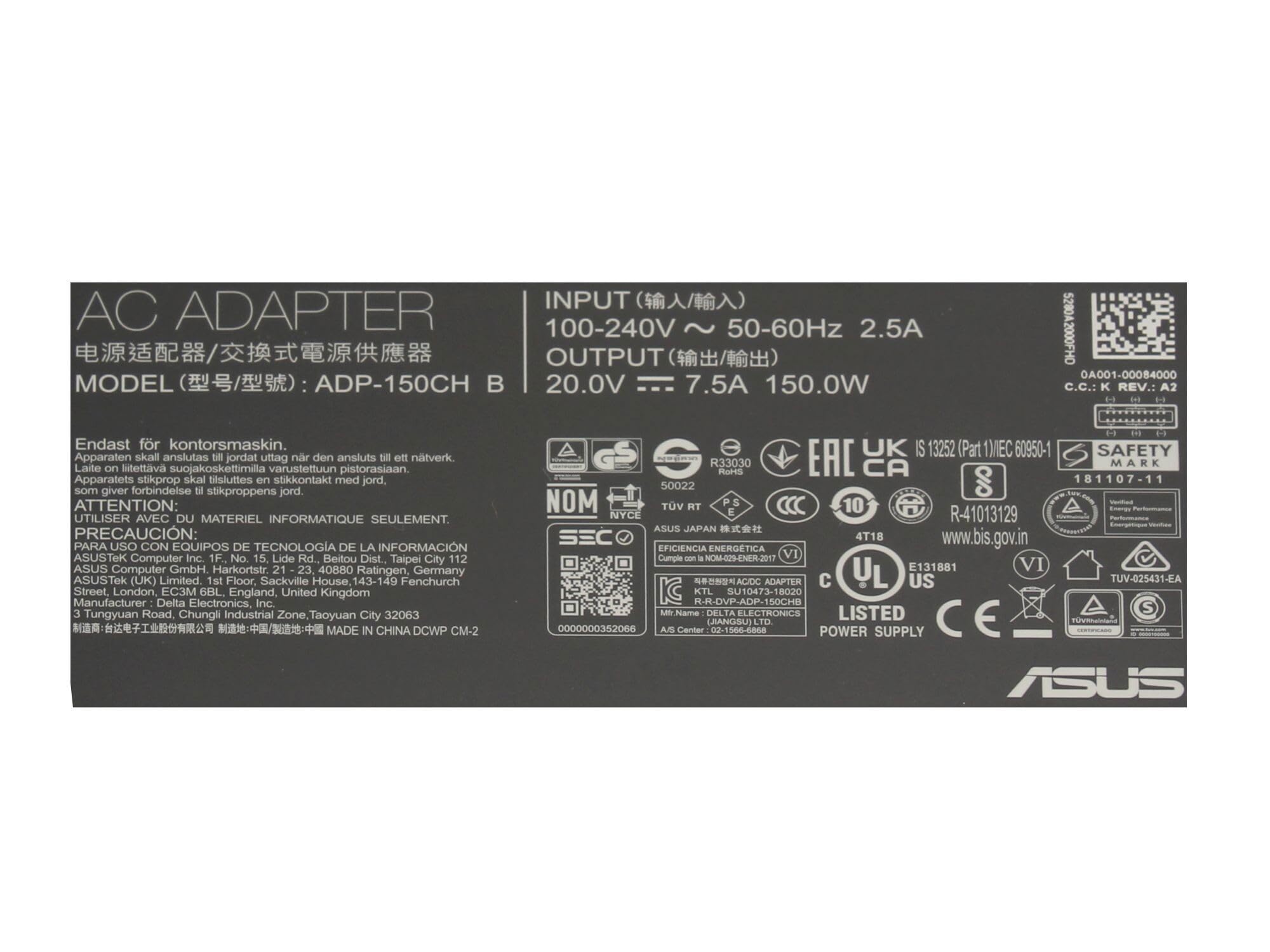 Asus 0A001-00083800 Original Netzteil 150,0 Watt | normale Bauform für V3607VM/V16 V3607VU/Vivobook 16 Flip TP3607SH