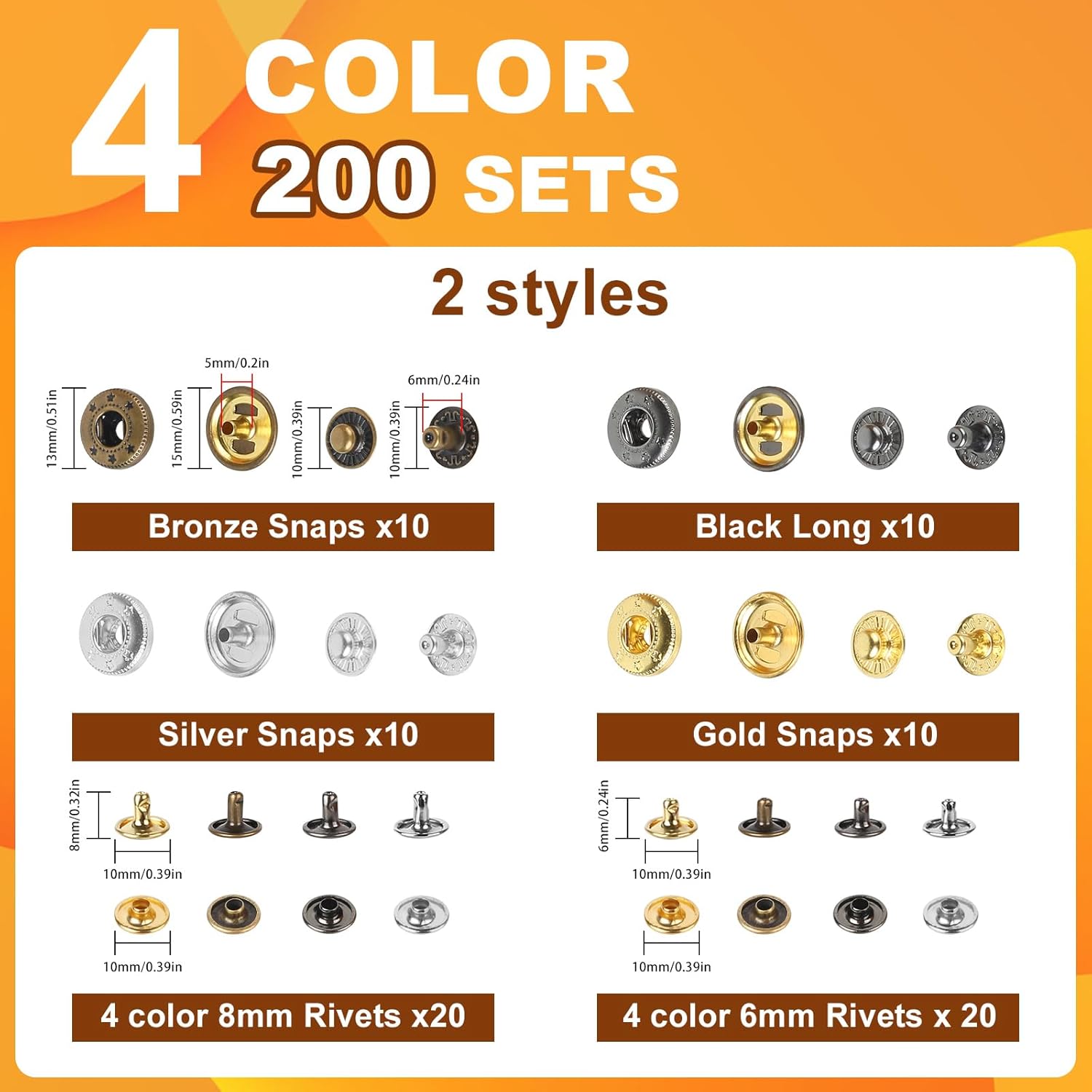 Leather Rivets Snap Buttons and Fasteners Kit - 40 Set 15MM Button Snap & 160 Set Rivets with Tool for Leather - 4 Colors Metal Snaps Rivet for Fabric Repair and Crafts, Jeans Wears, Jackets