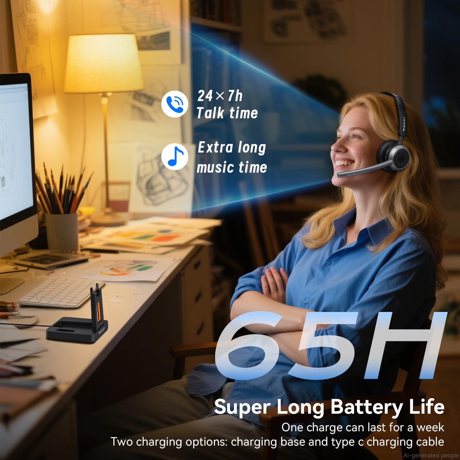 Cuffie wireless con microfono per lavoro, cuffie wireless con microfono (cancellazione del rumore e pulsante muto), batteria 65H con base di ricarica, cuffie Bluetooth con microfono per PC/Call Center