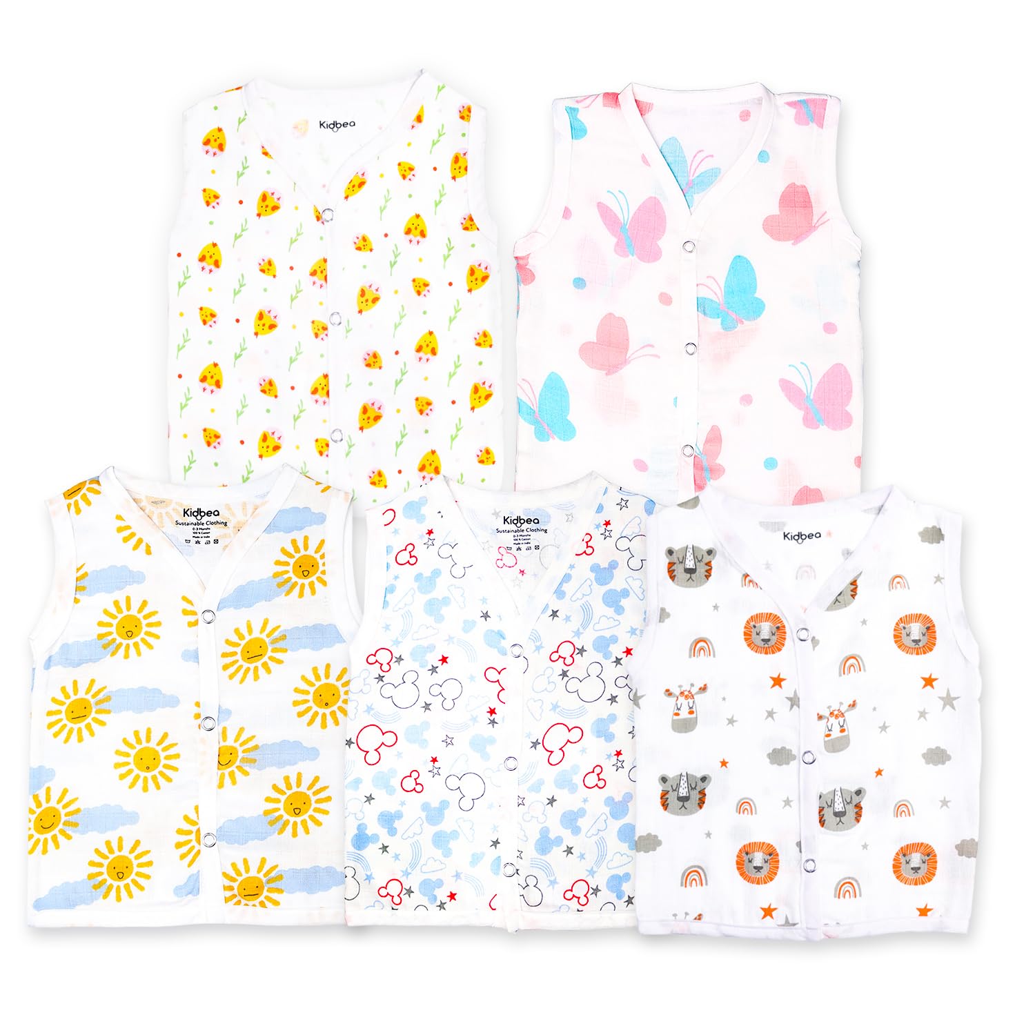 Kidbea Organic Cotton Muslin Jabla with Button for Newborn Baby Boys Summer Wear Sleeveless Vest Jabala Pack of 5 (6-9 Months)