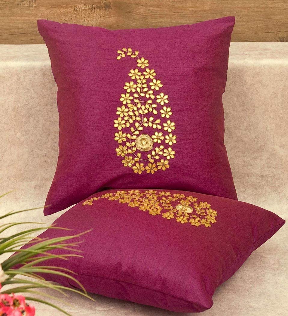 Royal Deco Furnishing Golden Paisley Leaf (Raw Mango/Ambi/Kairi) Gota Patti Hand Embroidered Cushion Covers (Dark Magenta, 16"x16" inches, 40x40 CM) - Set of 2-image-27