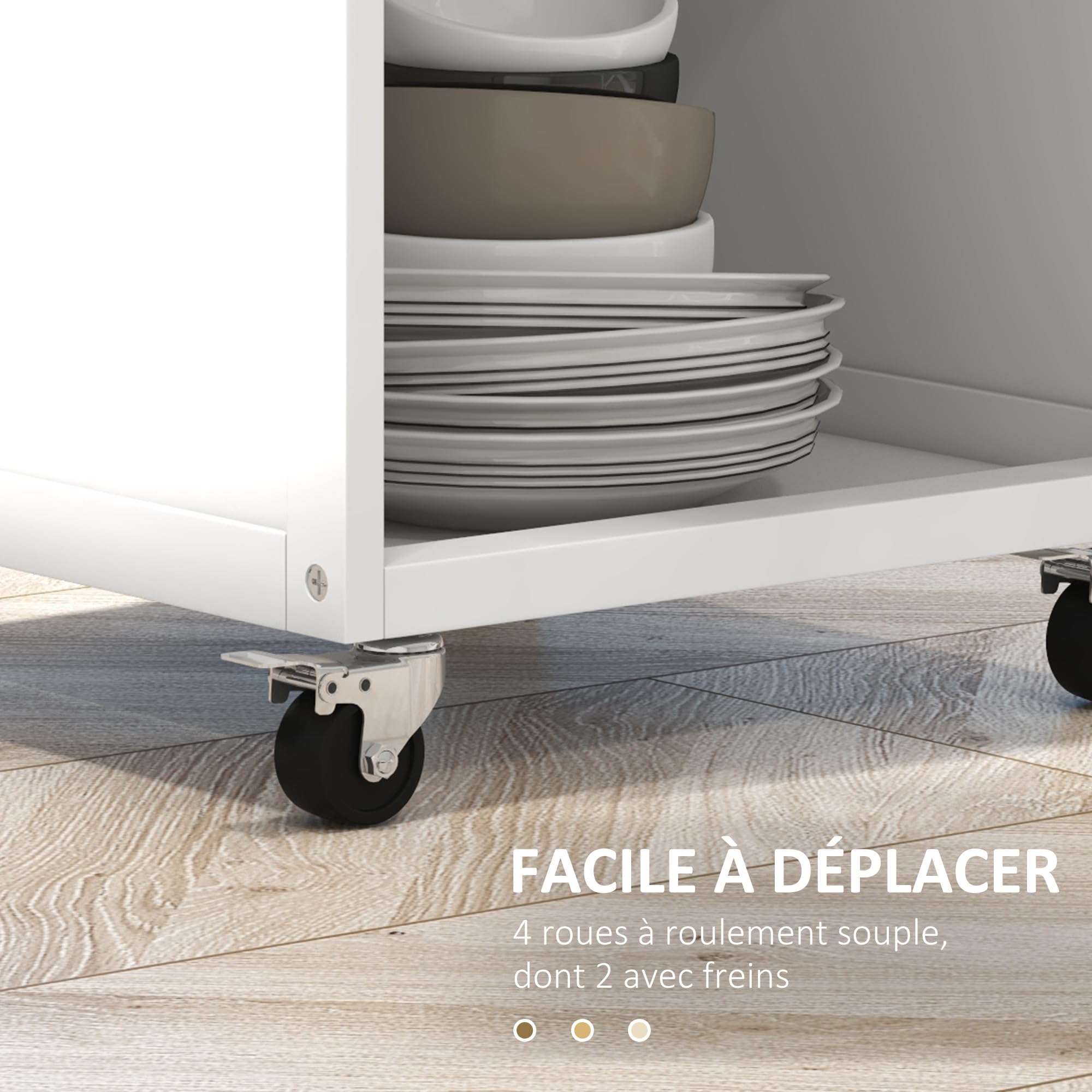 HOMCOM Carro de Servicio con Ruedas Dim. 63 x 45 x 86 cm, Madera Blanca | Postre de cocina, cajón, armario, toallero, mueble con ruedas